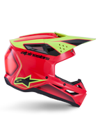 Alpinestars S-M3 Fray Helmet ECE 22.06, capacete de motocross, vermelho, amarelo fluo e preto brilhante, vista lateral de perfil com calote aerodinâmica, múltiplas aberturas de ventilação, logótipo da marca em preto e viseira amarela de alta visibilidade
