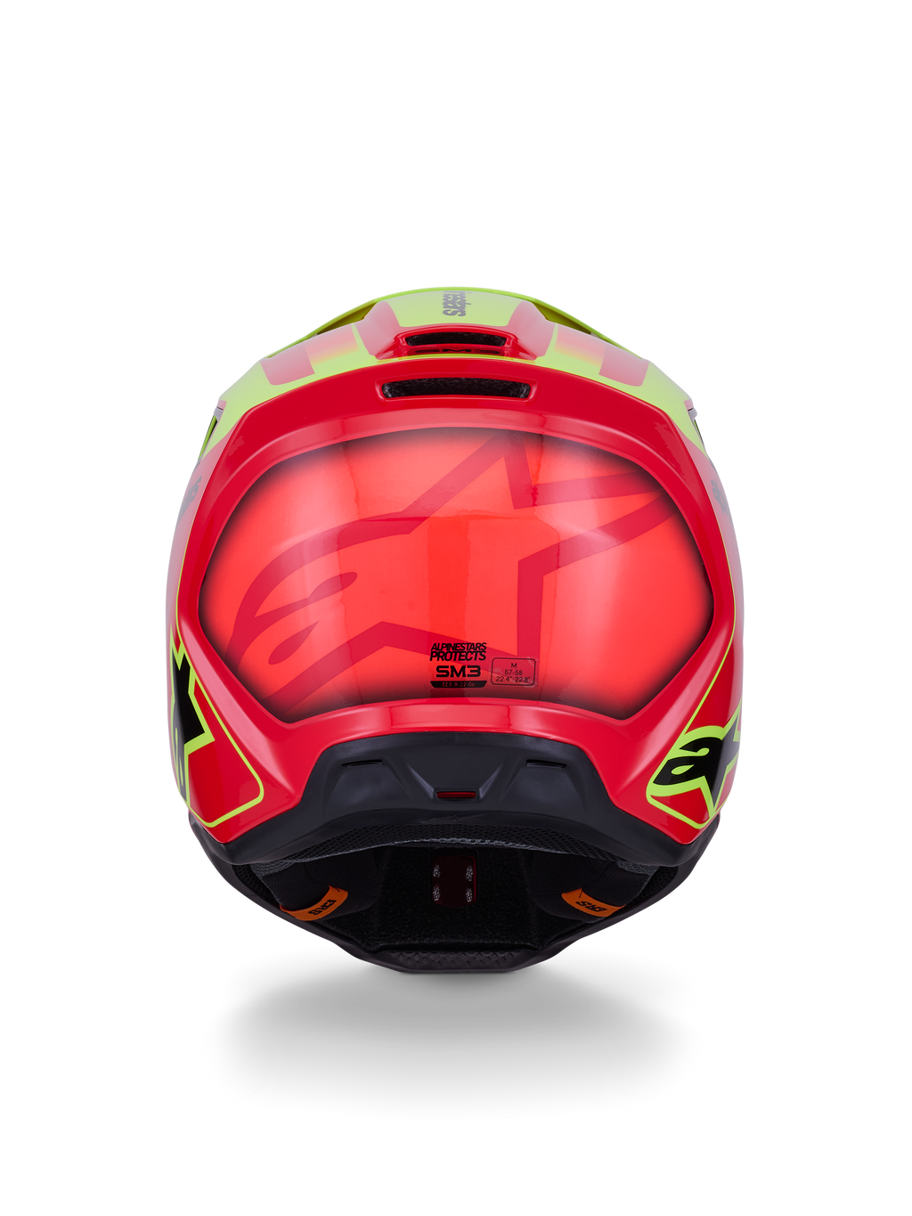 Alpinestars S-M3 Fray Helmet ECE 22.06, capacete de motocross, vermelho, amarelo fluorescente e preto brilhante, vista traseira com calote aerodinâmica brilhante e grafismos arrojados em vermelho e amarelo fluorescente, aberturas de ventilação integradas e marcação de certificação de segurança