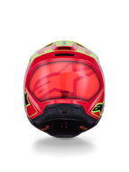 Alpinestars S-M3 Fray Helmet ECE 22.06, capacete de motocross, vermelho, amarelo fluorescente e preto brilhante, vista traseira com calote aerodinâmica brilhante e grafismos arrojados em vermelho e amarelo fluorescente, aberturas de ventilação integradas e marcação de certificação de segurança