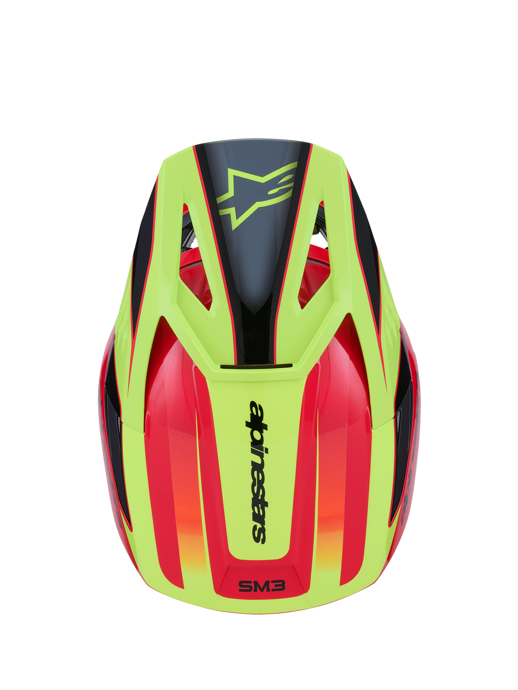 Capacete Alpinestars S-M3 Fray, capacete de motocross, vermelho, amarelo néon e preto brilhante, vista superior com design gráfico vibrante, logótipo de estrela preto na pala amarela e marca Alpinestars na parte traseira