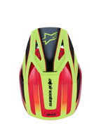 Capacete Alpinestars S-M3 Fray, capacete de motocross, vermelho, amarelo néon e preto brilhante, vista superior com design gráfico vibrante, logótipo de estrela preto na pala amarela e marca Alpinestars na parte traseira