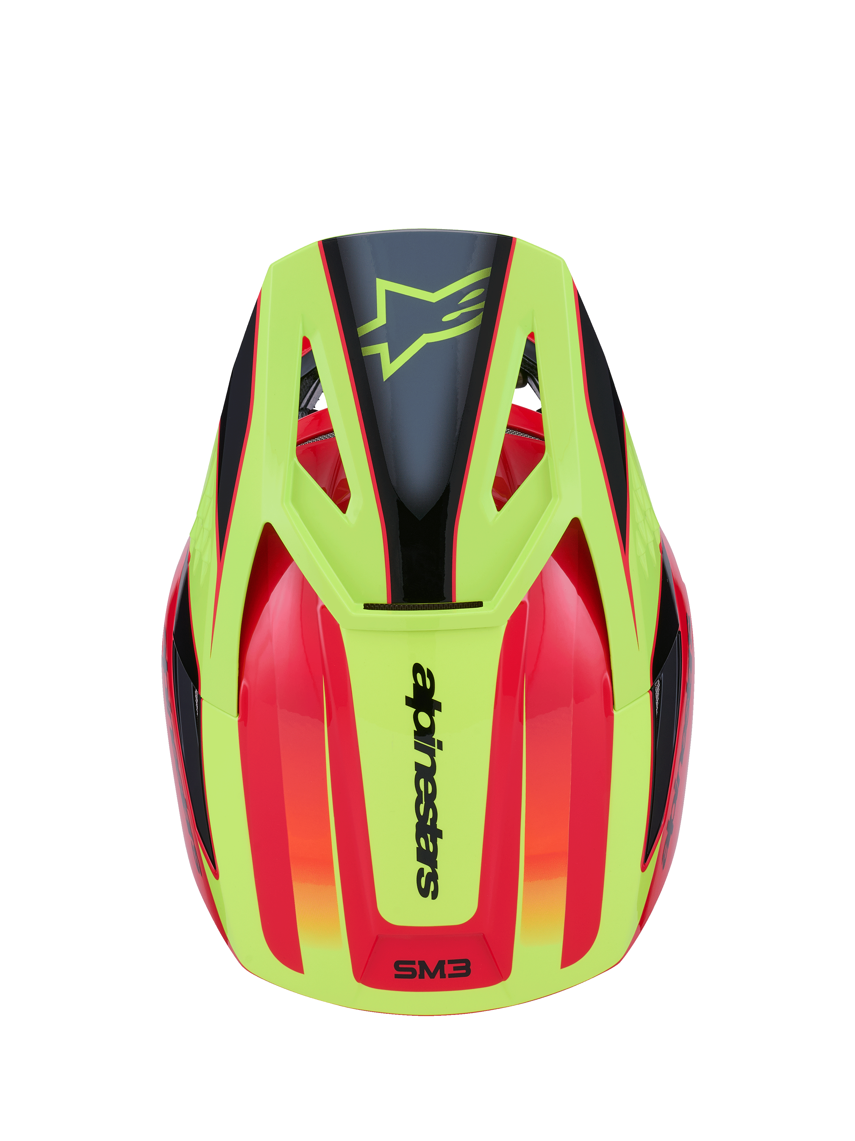Capacete Alpinestars S-M3 Fray, capacete de motocross, vermelho, amarelo néon e preto brilhante, vista superior com design gráfico vibrante, logótipo de estrela preto na pala amarela e marca Alpinestars na parte traseira