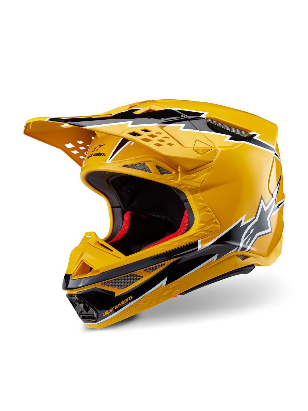 Capacete Alpinestars Supertech M10 Ampress, capacete de motocross, amarelo e preto brilhante, com grafismos de raios, pala ventilada e design aerodinâmico, proteção de alto desempenho para todo-o-terreno