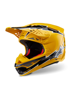 Capacete Alpinestars Supertech M10 Ampress, capacete de motocross, amarelo e preto brilhante, com grafismos de raios, pala ventilada e design aerodinâmico, proteção de alto desempenho para todo-o-terreno