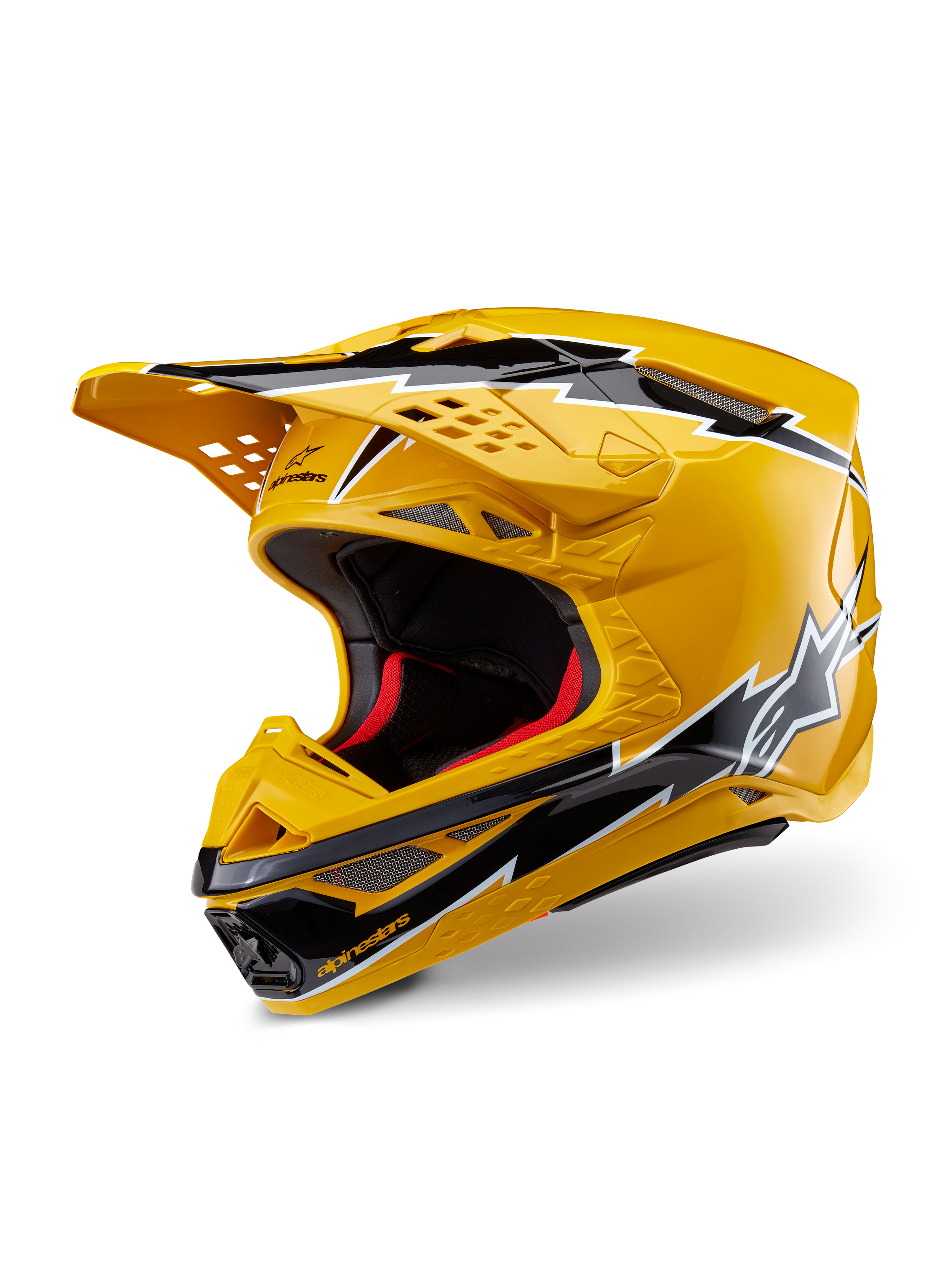 Capacete Alpinestars Supertech M10 Ampress, capacete de motocross, amarelo e preto brilhante, com grafismos de raios, pala ventilada e design aerodinâmico, proteção de alto desempenho para todo-o-terreno