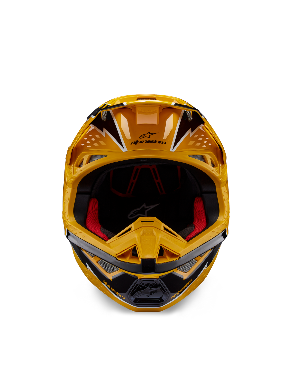 Capacete Alpinestars Supertech M10 Ampress, capacete de motocross, amarelo e preto brilhante, vista frontal com gráficos angulares arrojados, logótipo Alpinestars na pala, acolchoamento interior vermelho, casco aerodinâmico para corridas de motocross profissionais