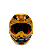Capacete Alpinestars Supertech M10 Ampress, capacete de motocross, amarelo e preto brilhante, vista frontal com gráficos angulares arrojados, logótipo Alpinestars na pala, acolchoamento interior vermelho, casco aerodinâmico para corridas de motocross profissionais