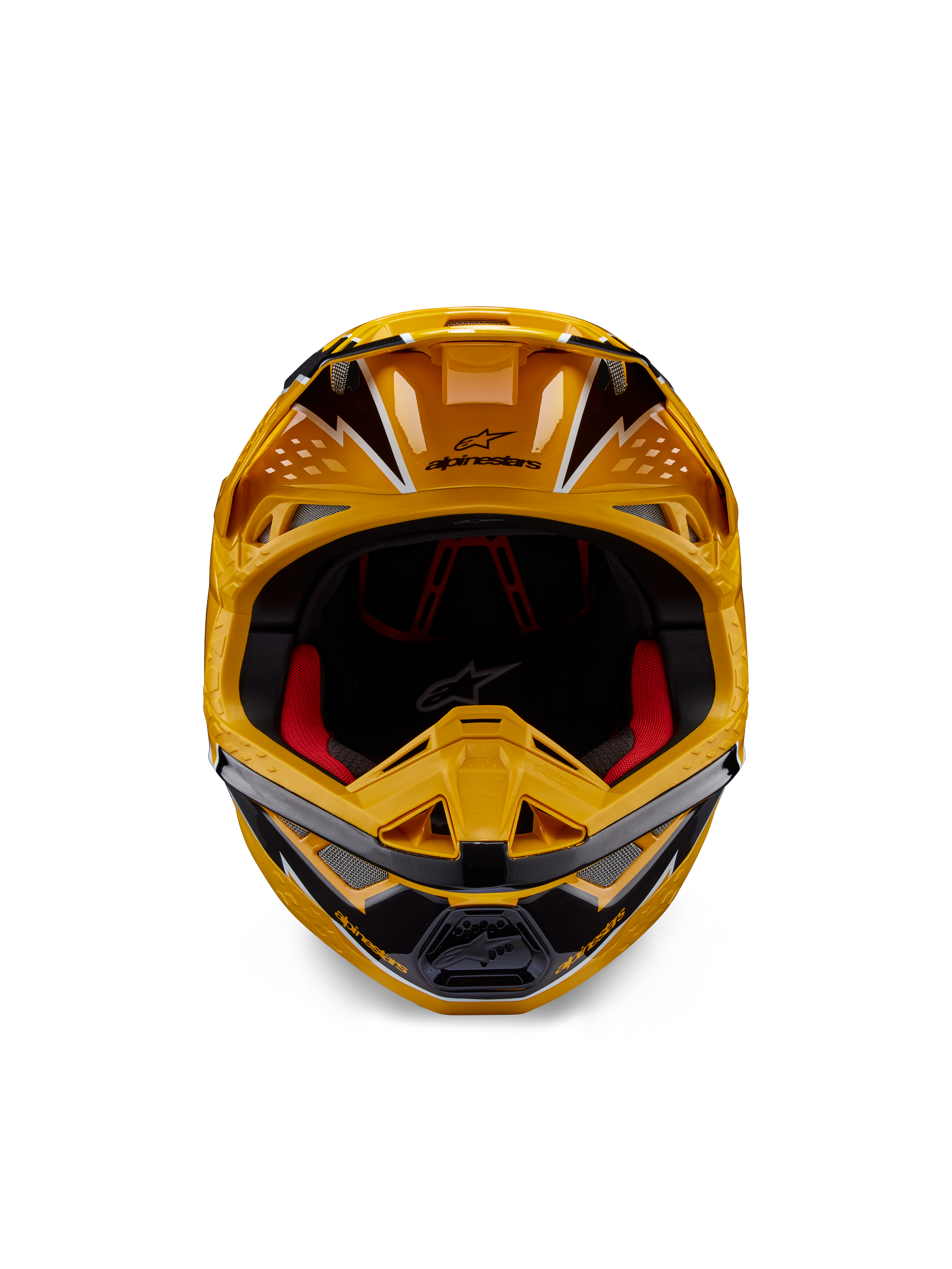 Capacete Alpinestars Supertech M10 Ampress, capacete de motocross, amarelo e preto brilhante, vista frontal com gráficos angulares arrojados, logótipo Alpinestars na pala, acolchoamento interior vermelho, casco aerodinâmico para corridas de motocross profissionais