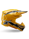 Capacete Alpinestars Supertech M10 Ampress, capacete de motocross, preto e amarelo brilhante, perfil lateral com gráficos arrojados de relâmpagos em preto e branco, logótipo de estrela da Alpinestars, design aerodinâmico com aberturas de ventilação integradas e viseira ajustável.