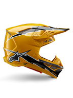 Capacete Alpinestars Supertech M10 Ampress, capacete de motocross, preto e amarelo brilhante, perfil lateral com gráficos arrojados de relâmpagos em preto e branco, logótipo de estrela da Alpinestars, design aerodinâmico com aberturas de ventilação integradas e viseira ajustável.