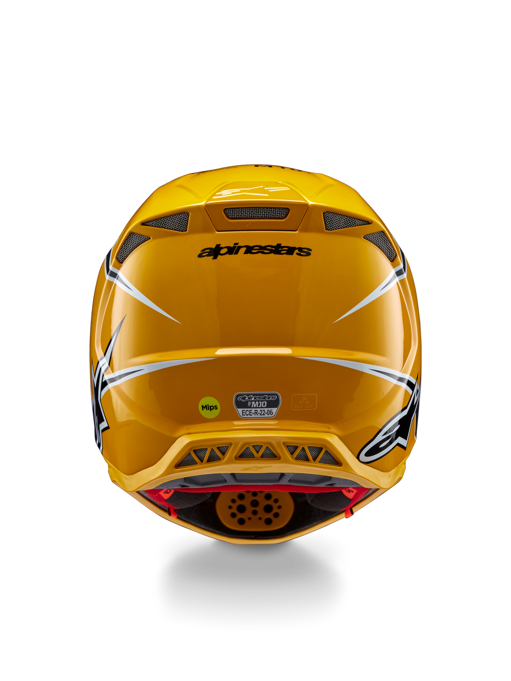 Capacete Alpinestars Supertech M10 Ampress, vista traseira, amarelo brilhante com detalhes em preto e branco, com saídas de exaustão traseiras, autocolantes MIPS e ECE 22.06, proteção de cabeça profissional para motocross