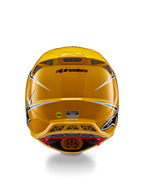 Capacete Alpinestars Supertech M10 Ampress, vista traseira, amarelo brilhante com detalhes em preto e branco, com saídas de exaustão traseiras, autocolantes MIPS e ECE 22.06, proteção de cabeça profissional para motocross