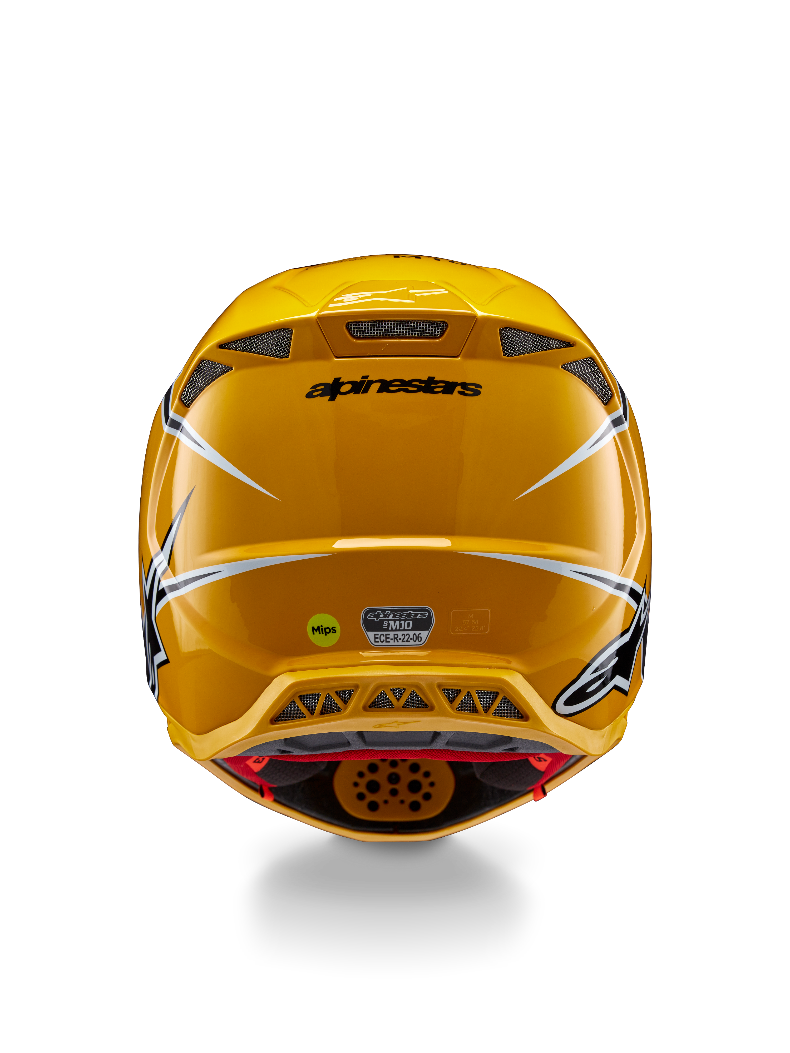 Capacete Alpinestars Supertech M10 Ampress, vista traseira, amarelo brilhante com detalhes em preto e branco, com saídas de exaustão traseiras, autocolantes MIPS e ECE 22.06, proteção de cabeça profissional para motocross