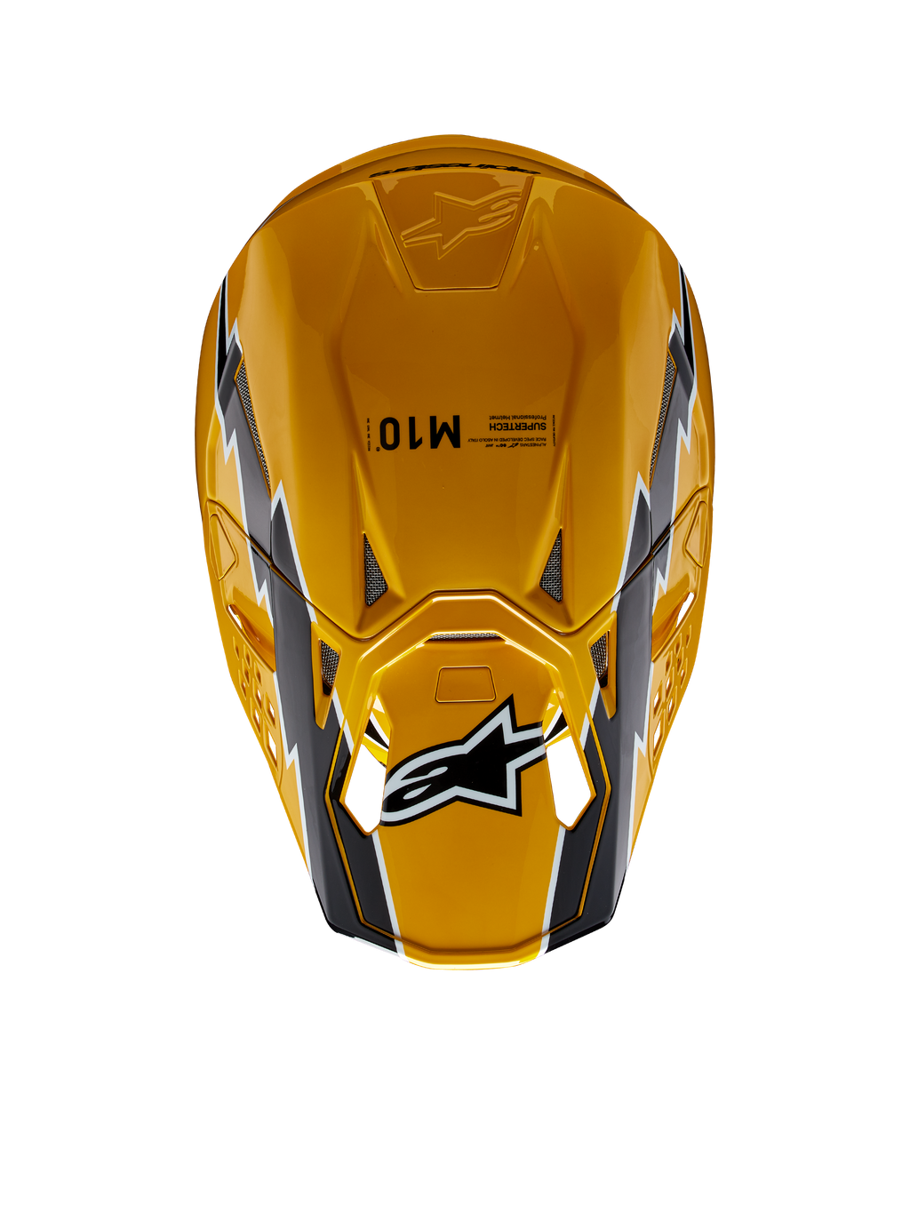 Capacete Alpinestars Supertech M10 Ampress, capacete de motocross, preto e amarelo brilhante, vista superior com acabamento amarelo brilhante e grafismos em preto e branco, logótipo Alpinestars na viseira e calota aerodinâmica com aberturas de ventilação.