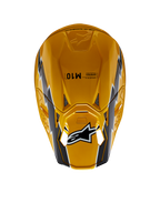 Capacete Alpinestars Supertech M10 Ampress, capacete de motocross, preto e amarelo brilhante, vista superior com acabamento amarelo brilhante e grafismos em preto e branco, logótipo Alpinestars na viseira e calota aerodinâmica com aberturas de ventilação.