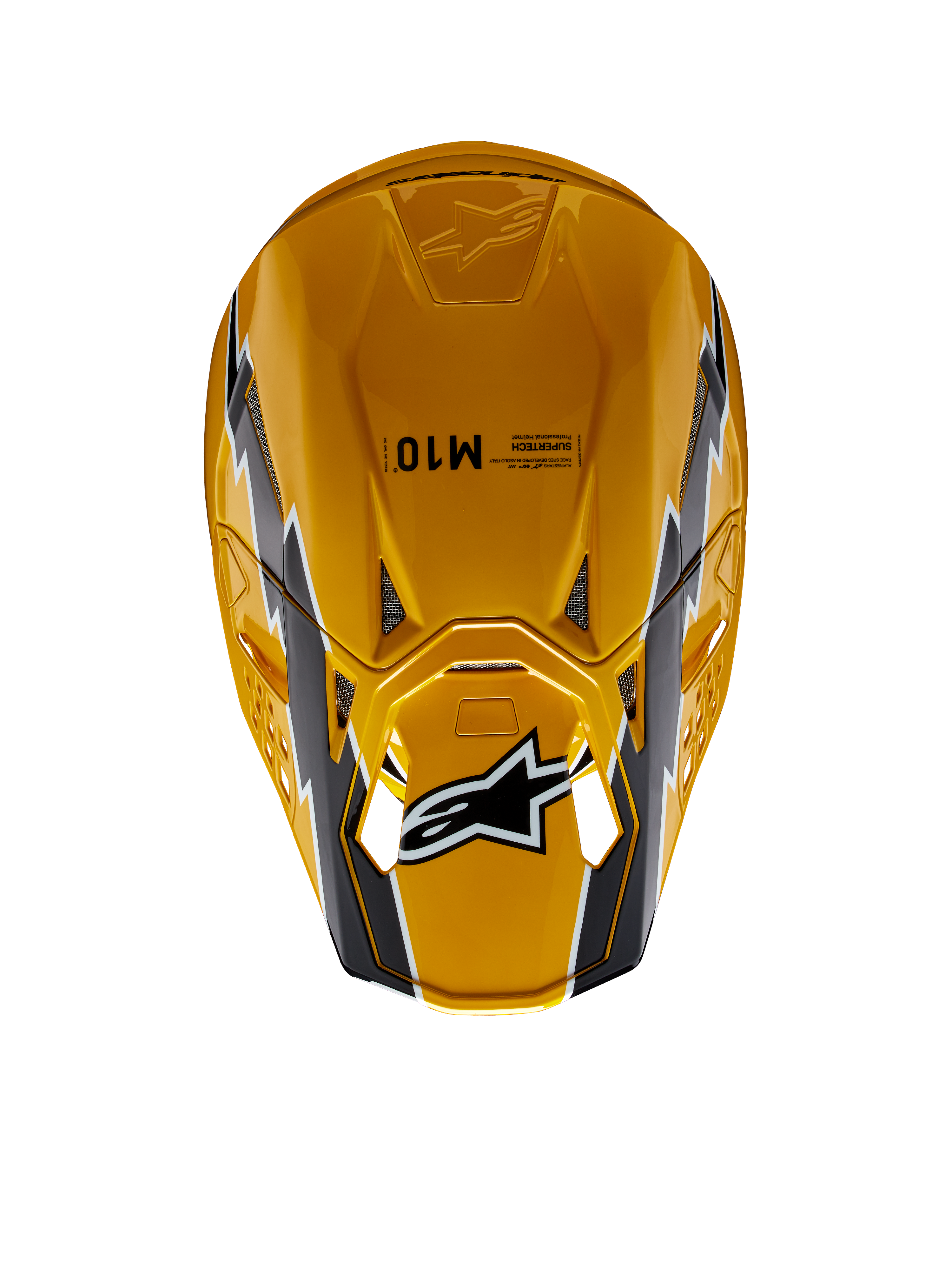 Capacete Alpinestars Supertech M10 Ampress, capacete de motocross, preto e amarelo brilhante, vista superior com acabamento amarelo brilhante e grafismos em preto e branco, logótipo Alpinestars na viseira e calota aerodinâmica com aberturas de ventilação.