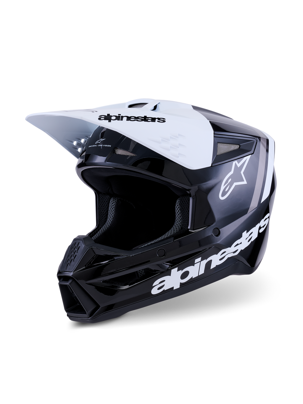 Capacete Alpinestars S-M3 Radium, capacete de motocross, preto, branco e cinzento brilhante, com uma viseira branca com marca a preto, calota preta brilhante com logótipos Alpinestars brancos proeminentes e detalhes gráficos cinzentos, design aerodinâmico para competição todo-o-terreno