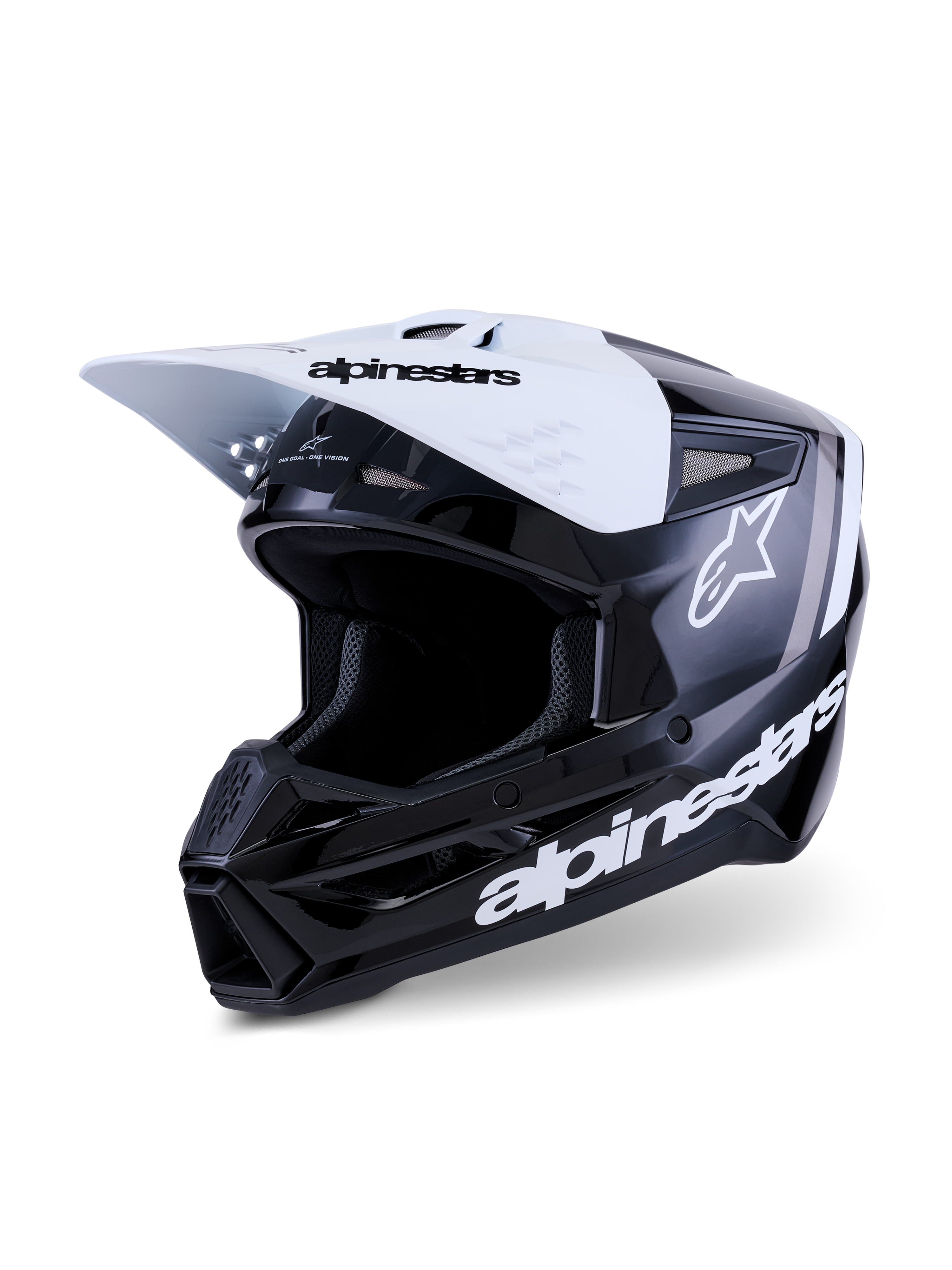 Capacete Alpinestars S-M3 Radium, capacete de motocross, preto, branco e cinzento brilhante, com uma viseira branca com marca a preto, calota preta brilhante com logótipos Alpinestars brancos proeminentes e detalhes gráficos cinzentos, design aerodinâmico para competição todo-o-terreno
