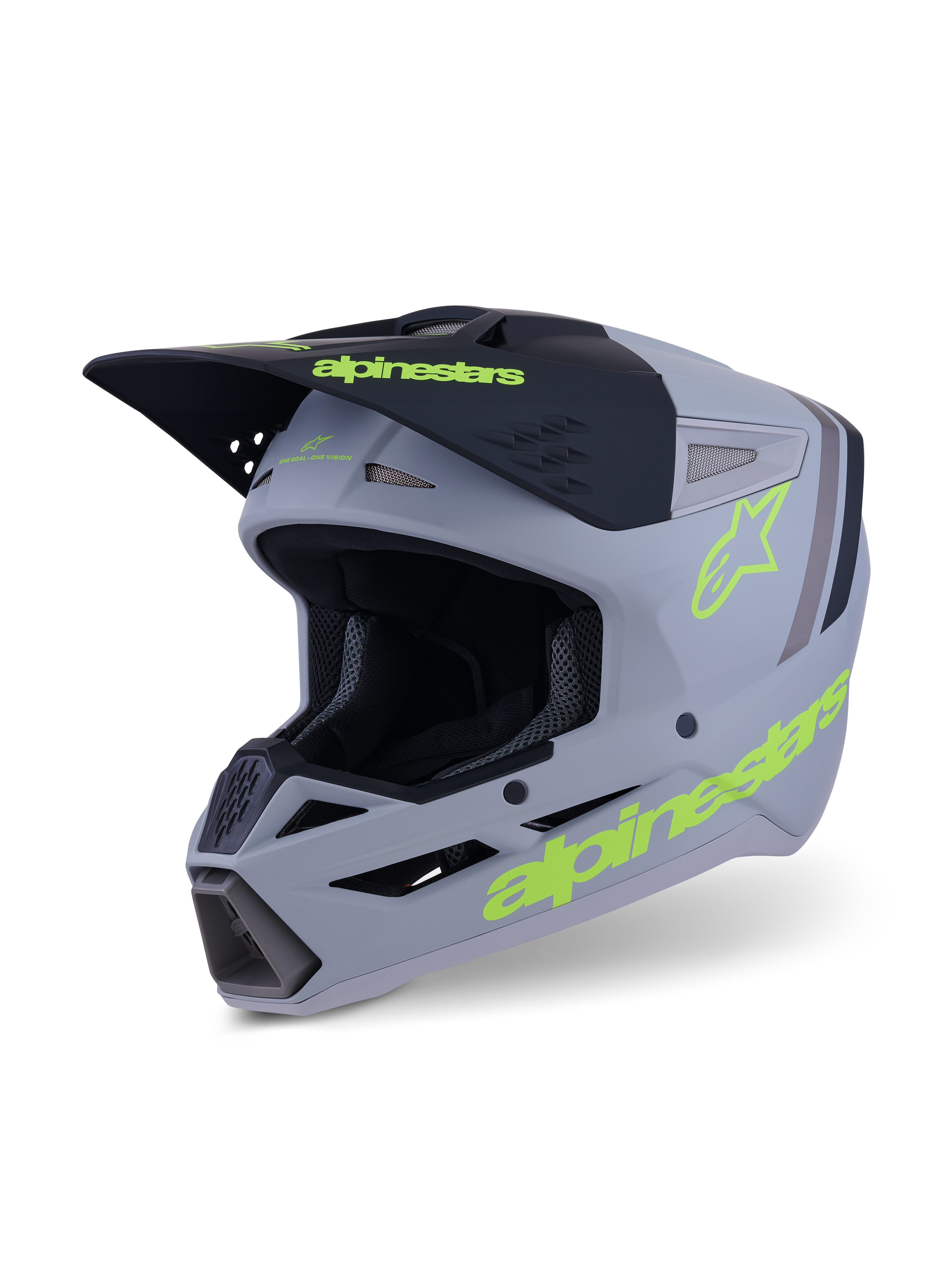 Alpinestars S-M3 Radium Helmet, capacete de motocross e enduro, cinzento, preto e amarelo néon fluo mate, vista em três quartos apresentando o design agressivo da calota, entradas de ar ventiladas e logótipos amarelos em destaque