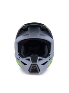 Capacete Alpinestars S-M3 Radium, capacete de motocross integral, verde mate e preto com logótipos em amarelo néon, vista frontal destacando as aberturas de ventilação no queixo e na testa com uma ampla abertura frontal, equipamento de proteção profissional para todo-o-terreno