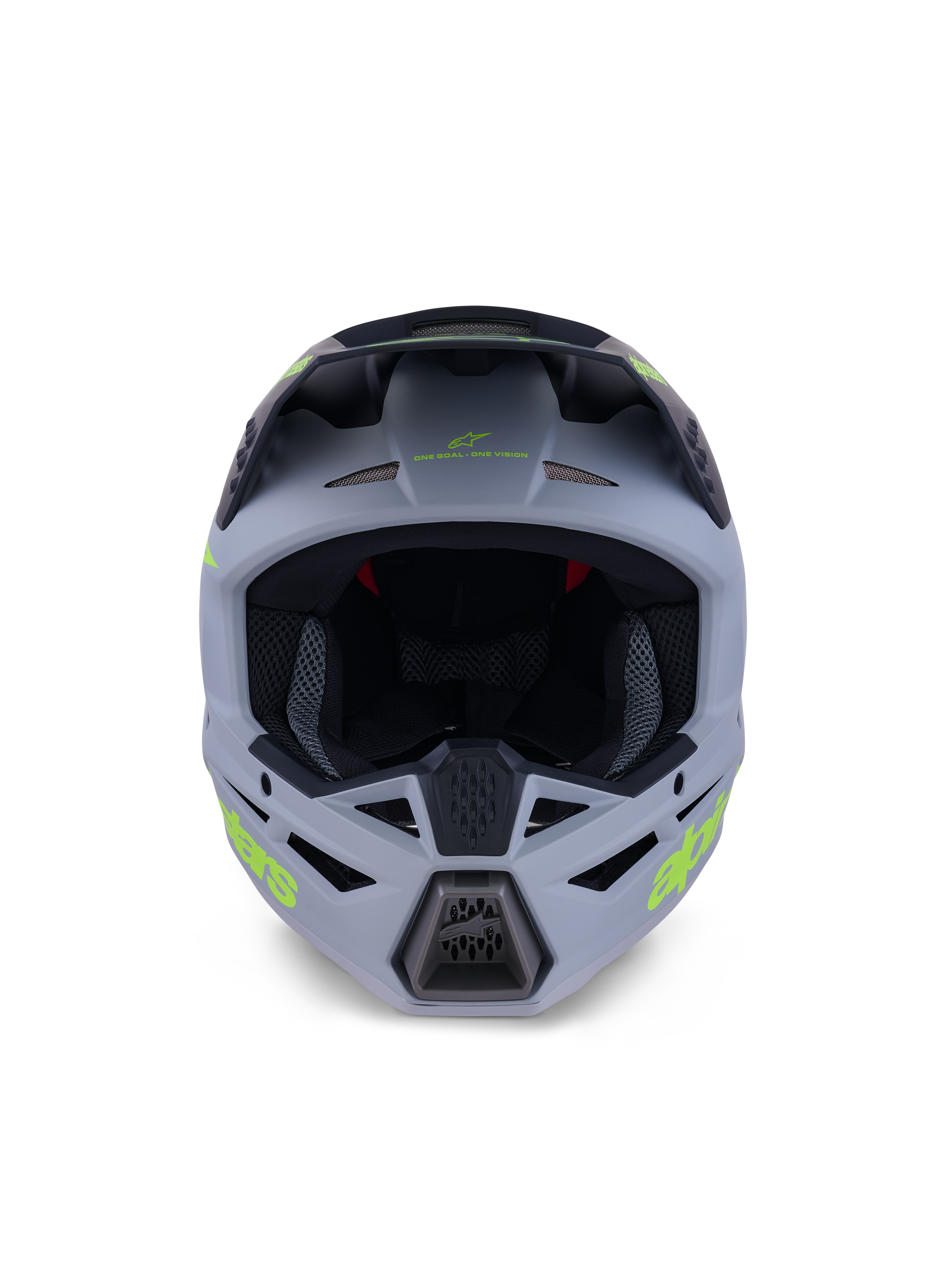 Capacete Alpinestars S-M3 Radium, capacete de motocross integral, verde mate e preto com logótipos em amarelo néon, vista frontal destacando as aberturas de ventilação no queixo e na testa com uma ampla abertura frontal, equipamento de proteção profissional para todo-o-terreno