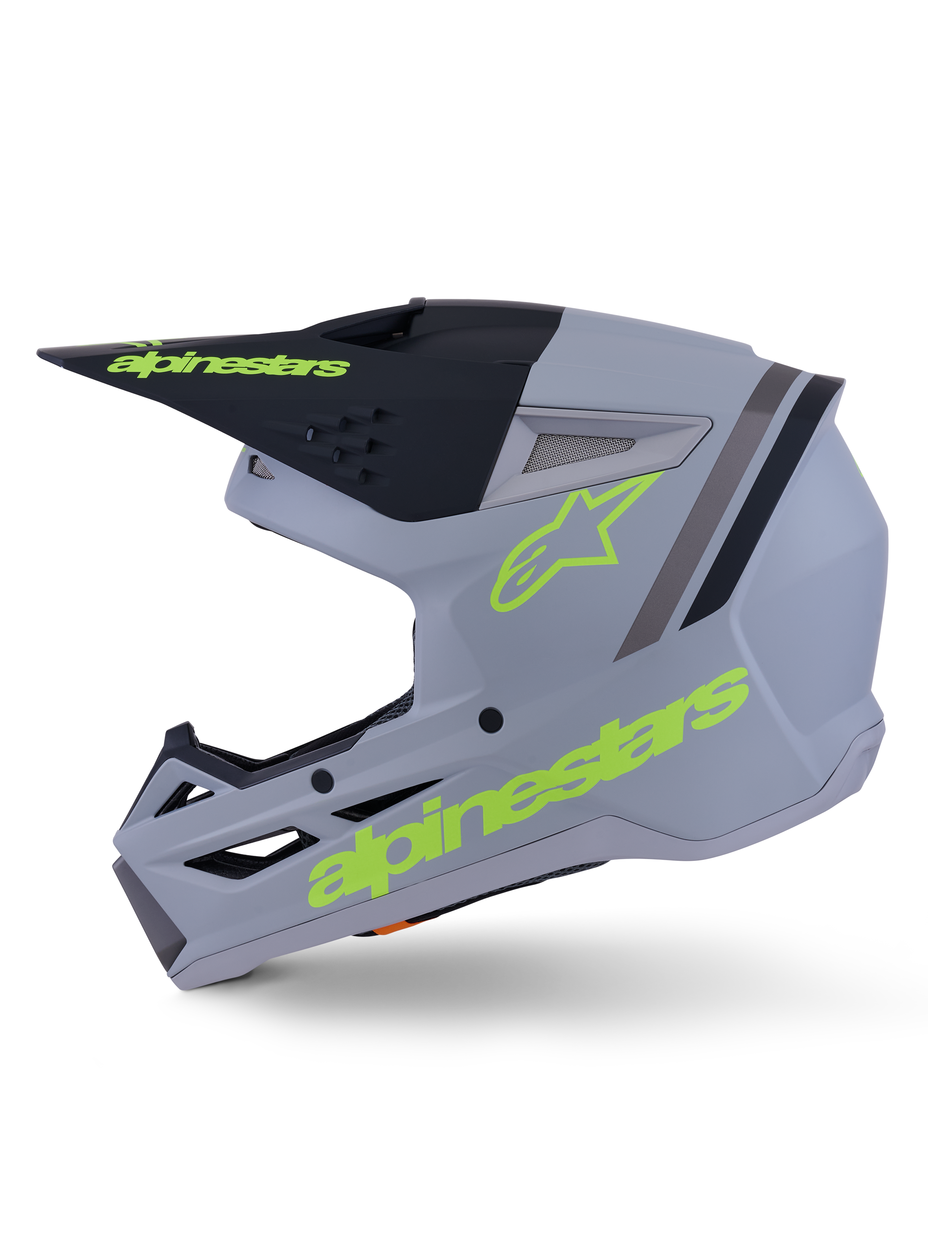 Alpinestars S-M3 Radium, capacete de motocross, verde, preto e amarelo néon mate, calota termo-injetada com viseira integrada e aberturas de ventilação de alto fluxo, concebido para a prática de MX e Enduro