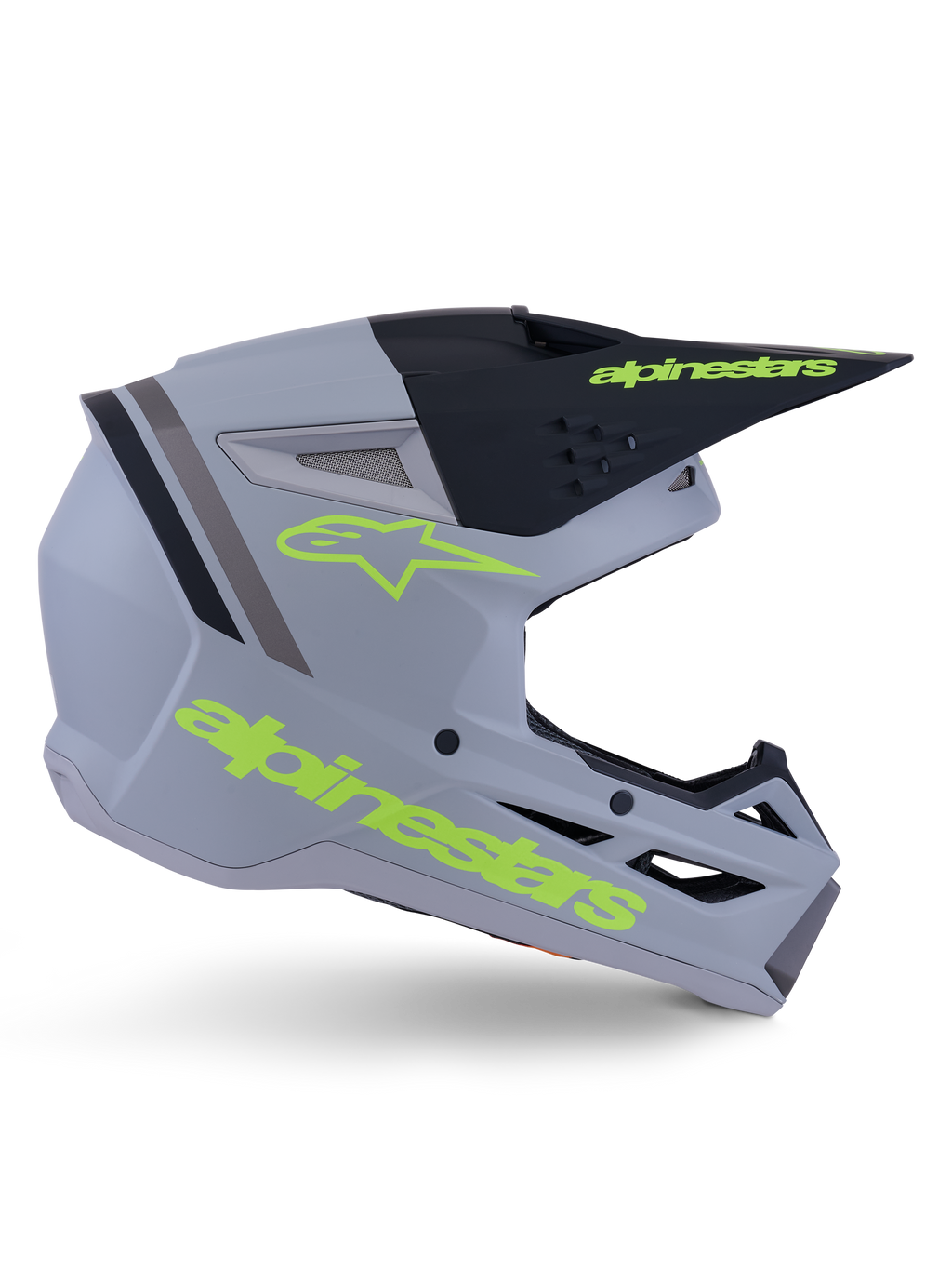 Capacete Alpinestars S-M3 Radium ECE 22.06, capacete de motocross, cinzento mate, preto e amarelo néon, com um design aerodinâmico angular, pala e sistema de ventilação integrado