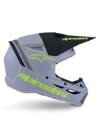 Capacete Alpinestars S-M3 Radium ECE 22.06, capacete de motocross, cinzento mate, preto e amarelo néon, com um design aerodinâmico angular, pala e sistema de ventilação integrado