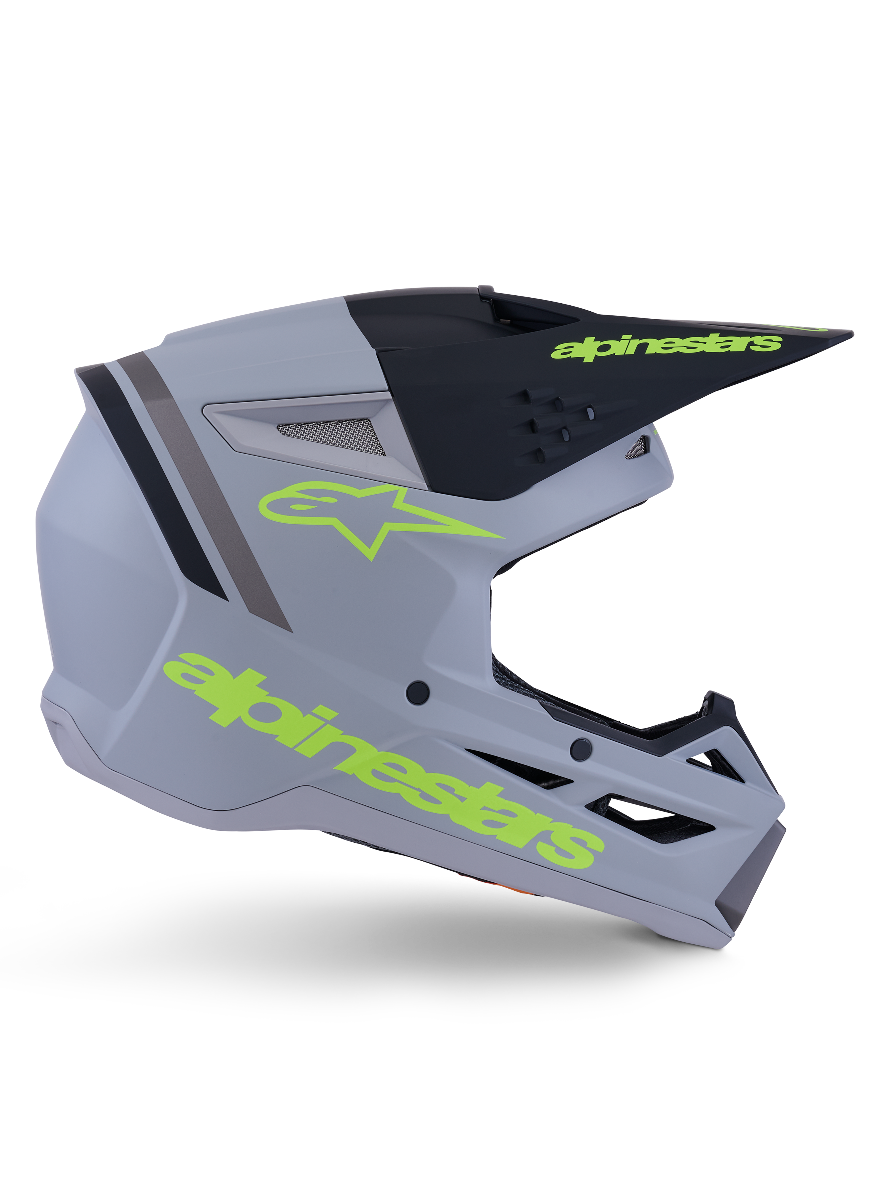 Capacete Alpinestars S-M3 Radium ECE 22.06, capacete de motocross, cinzento mate, preto e amarelo néon, com um design aerodinâmico angular, pala e sistema de ventilação integrado