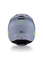 Capacete Alpinestars S-M3 Radium, capacete de motocross, verde, preto e amarelo fluo mate, vista traseira exibindo o acabamento baço da calota, logótipo Alpinestars em amarelo néon e detalhes da certificação ECE 22.06