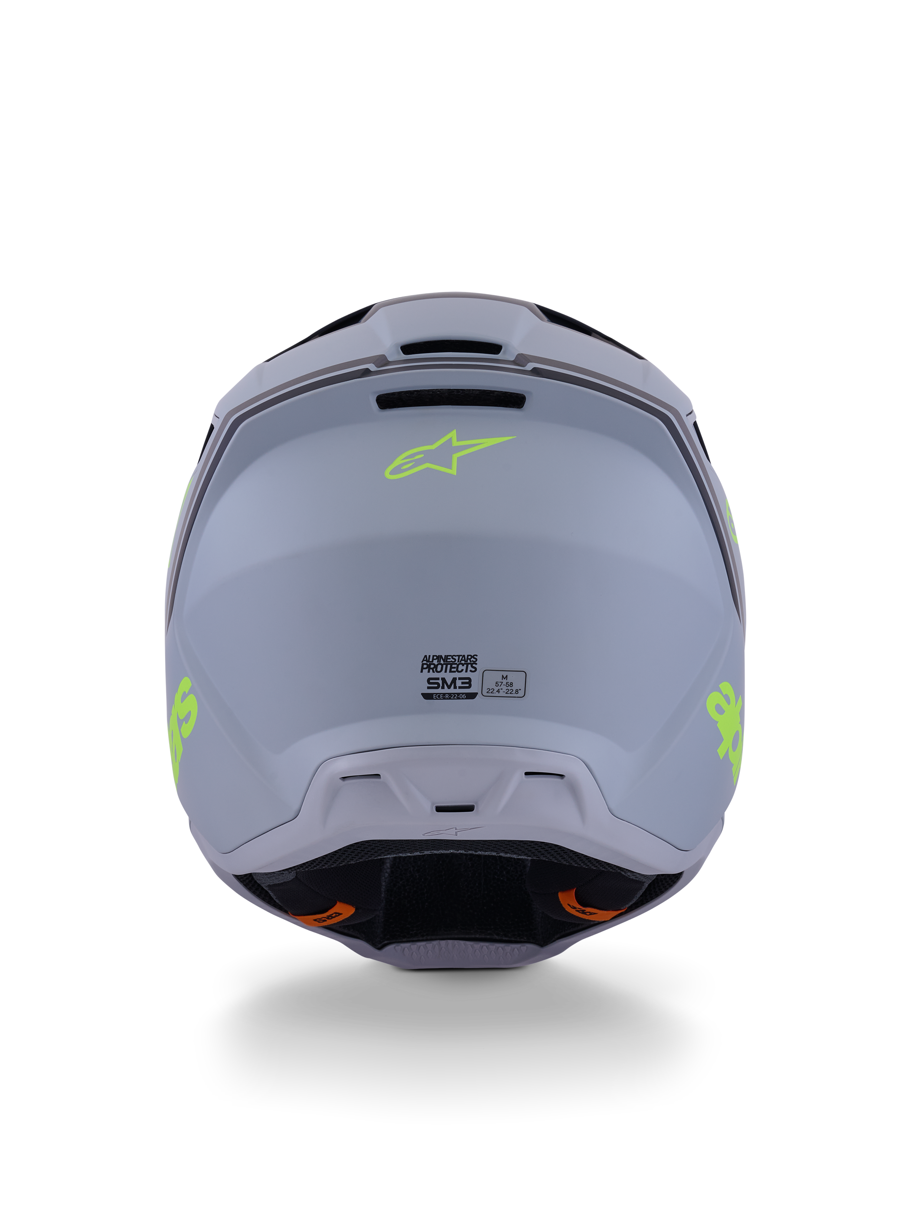 Capacete Alpinestars S-M3 Radium, capacete de motocross, verde, preto e amarelo fluo mate, vista traseira exibindo o acabamento baço da calota, logótipo Alpinestars em amarelo néon e detalhes da certificação ECE 22.06