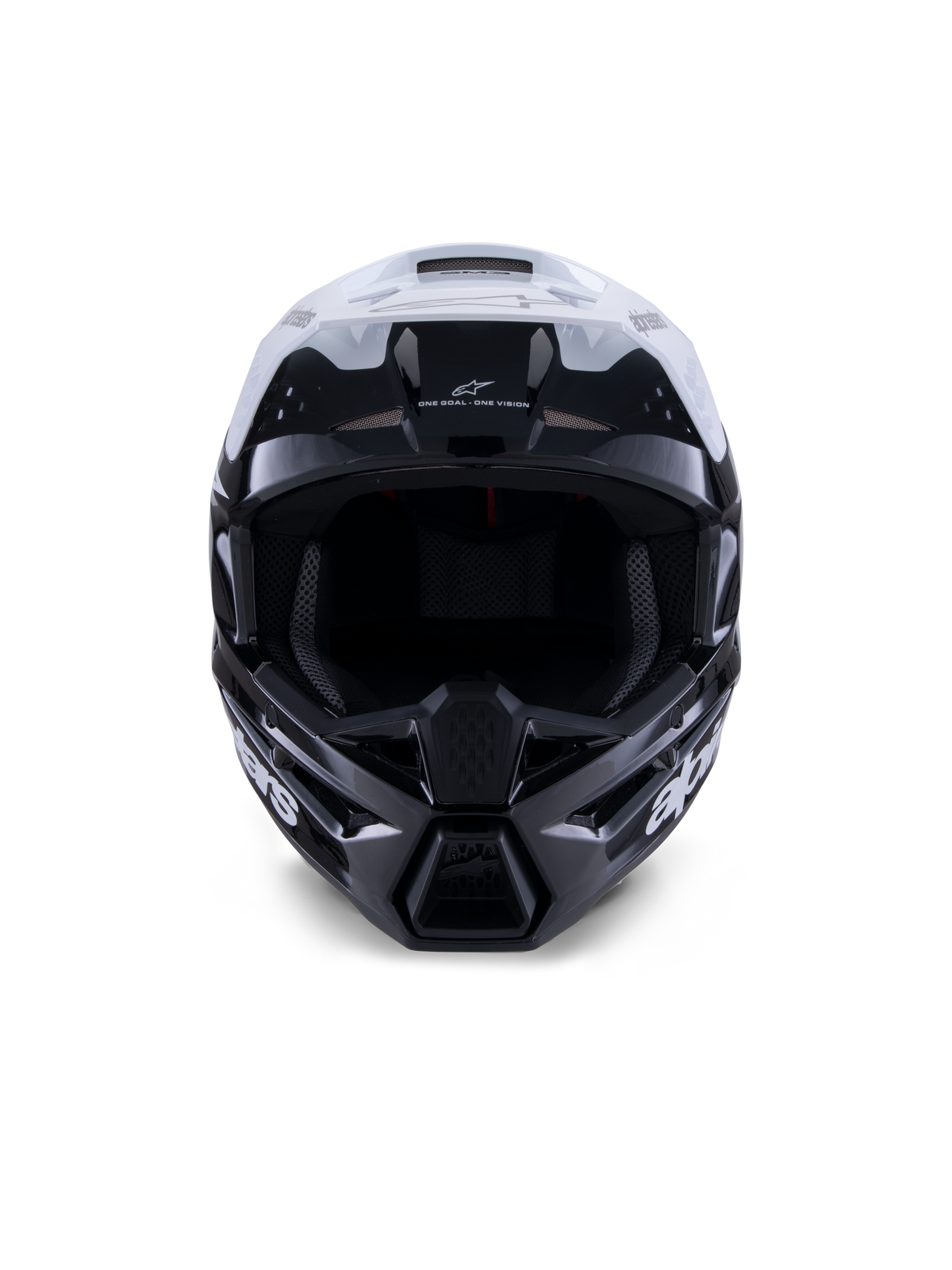 Capacete Alpinestars S-M3 Radium, capacete de motocross, preto, branco e cinzento brilhante, vista frontal, apresentando um design de calota agressivo com viseira branca, queixeira preta e aberturas de ventilação com revestimento em malha.
