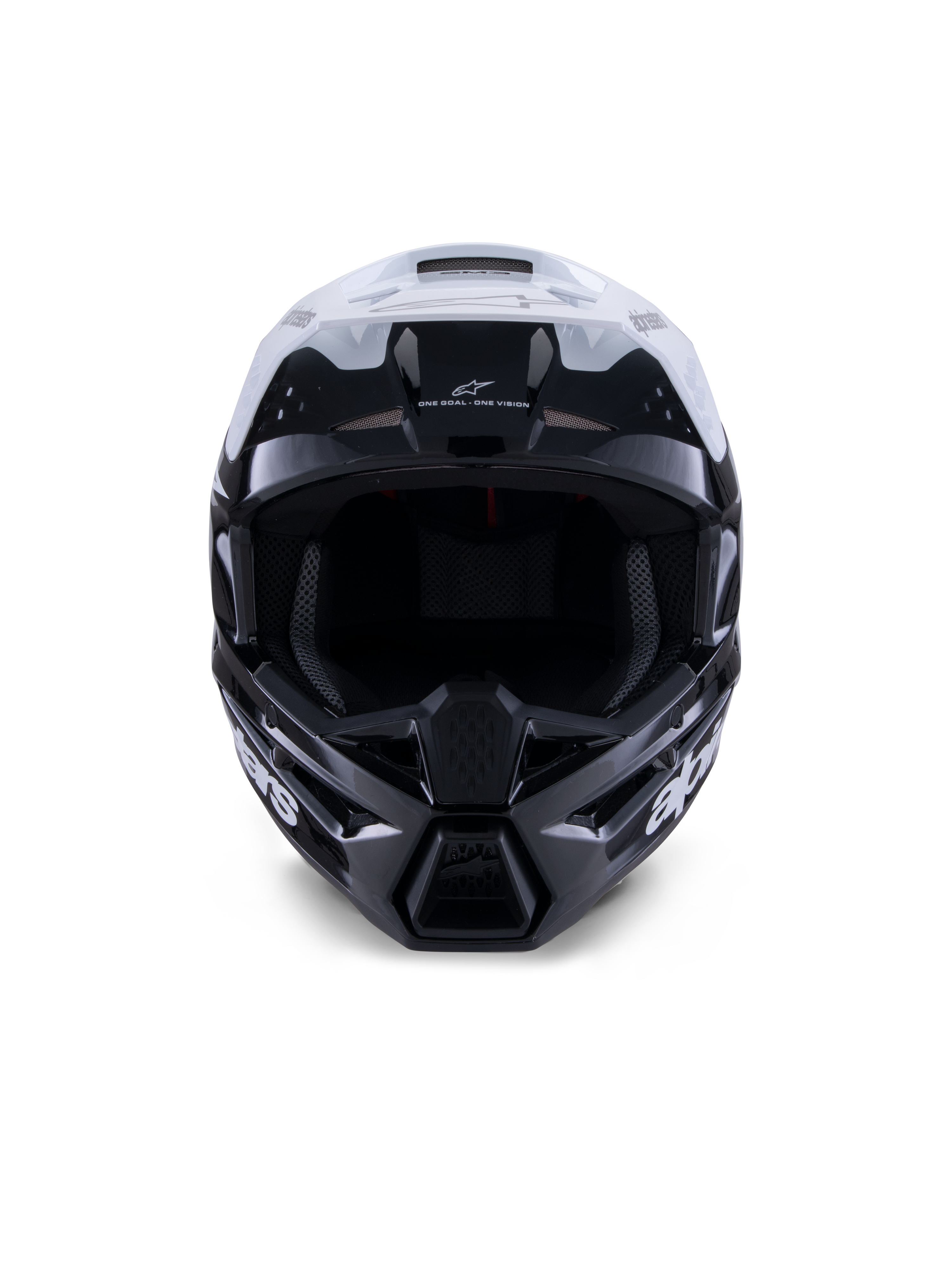 Capacete Alpinestars S-M3 Radium, capacete de motocross, preto, branco e cinzento brilhante, vista frontal, apresentando um design de calota agressivo com viseira branca, queixeira preta e aberturas de ventilação com revestimento em malha.
