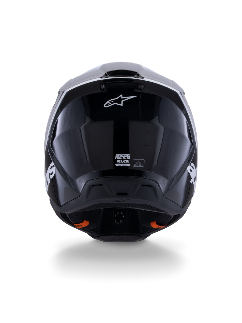 Alpinestars S-M3 Radium Helmet ECE 22.06, capacete de motocross, preto, branco e cinzento brilhante, vista traseira com acabamento preto brilhante, logótipo da estrela Alpinestars, aberturas de ventilação e etiqueta de certificação ECE