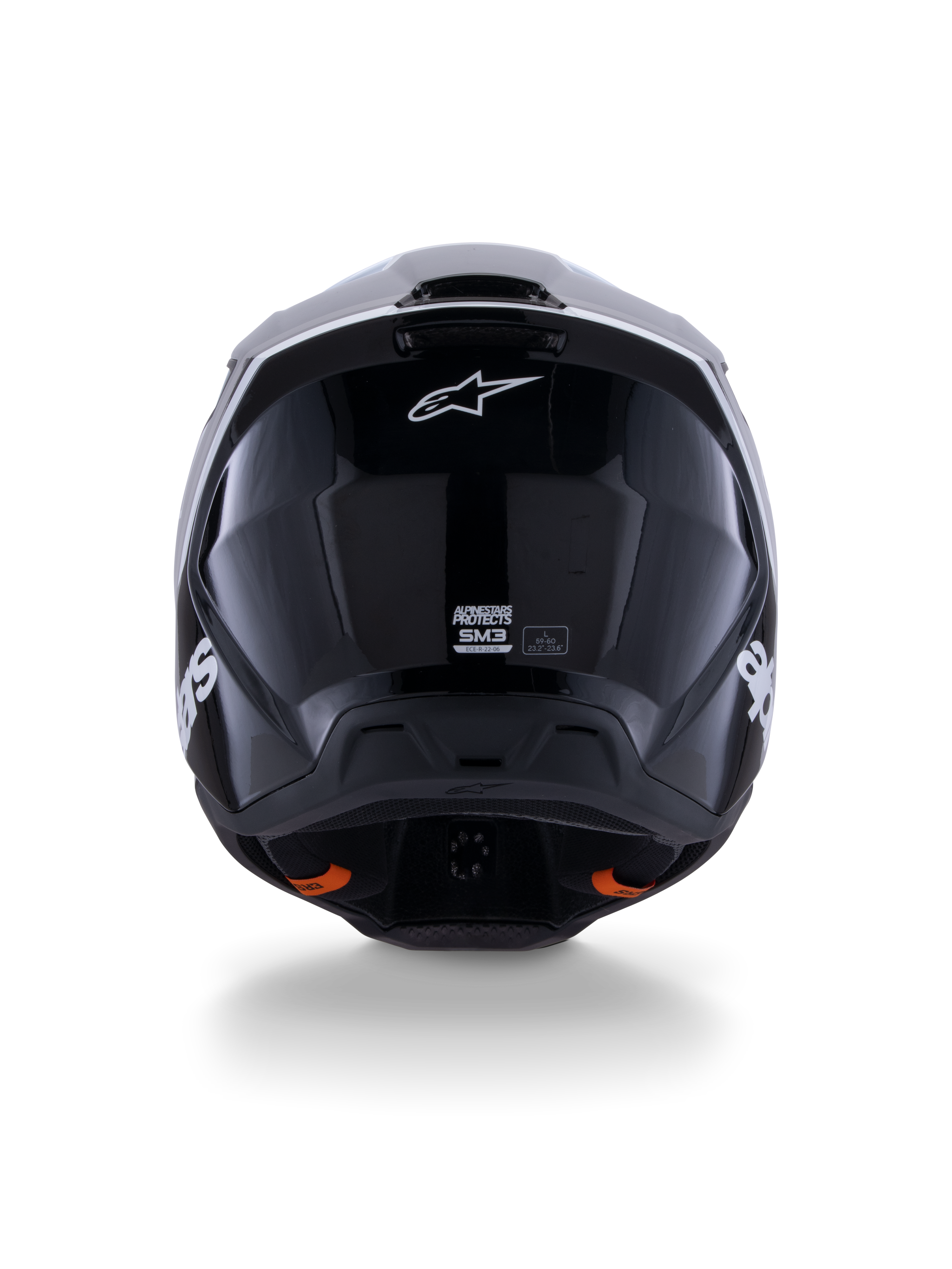 Alpinestars S-M3 Radium Helmet ECE 22.06, capacete de motocross, preto, branco e cinzento brilhante, vista traseira com acabamento preto brilhante, logótipo da estrela Alpinestars, aberturas de ventilação e etiqueta de certificação ECE