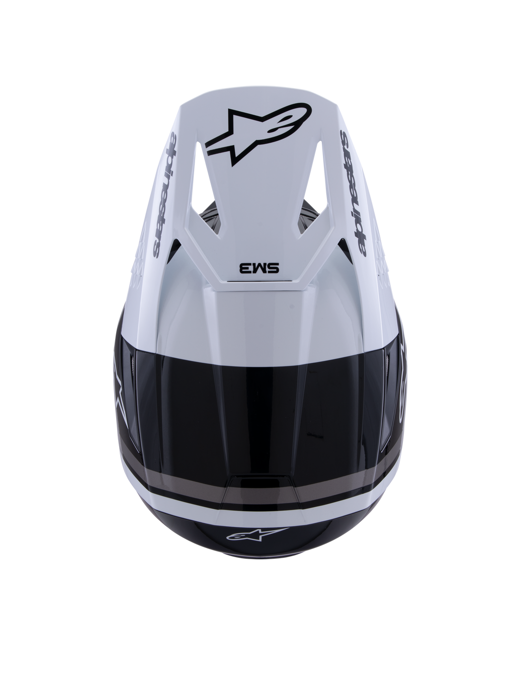 Capacete Alpinestars S-M3 Radium, capacete de motocross, preto, branco e cinzento brilhante, vista superior mostrando a viseira branca com o logótipo Astar preto e marca SM3, acabamento brilhante com aberturas de ventilação, proteção de cabeça de alta performance para todo-o-terreno