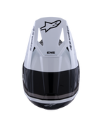 Capacete Alpinestars S-M3 Radium, capacete de motocross, preto, branco e cinzento brilhante, vista superior mostrando a viseira branca com o logótipo Astar preto e marca SM3, acabamento brilhante com aberturas de ventilação, proteção de cabeça de alta performance para todo-o-terreno