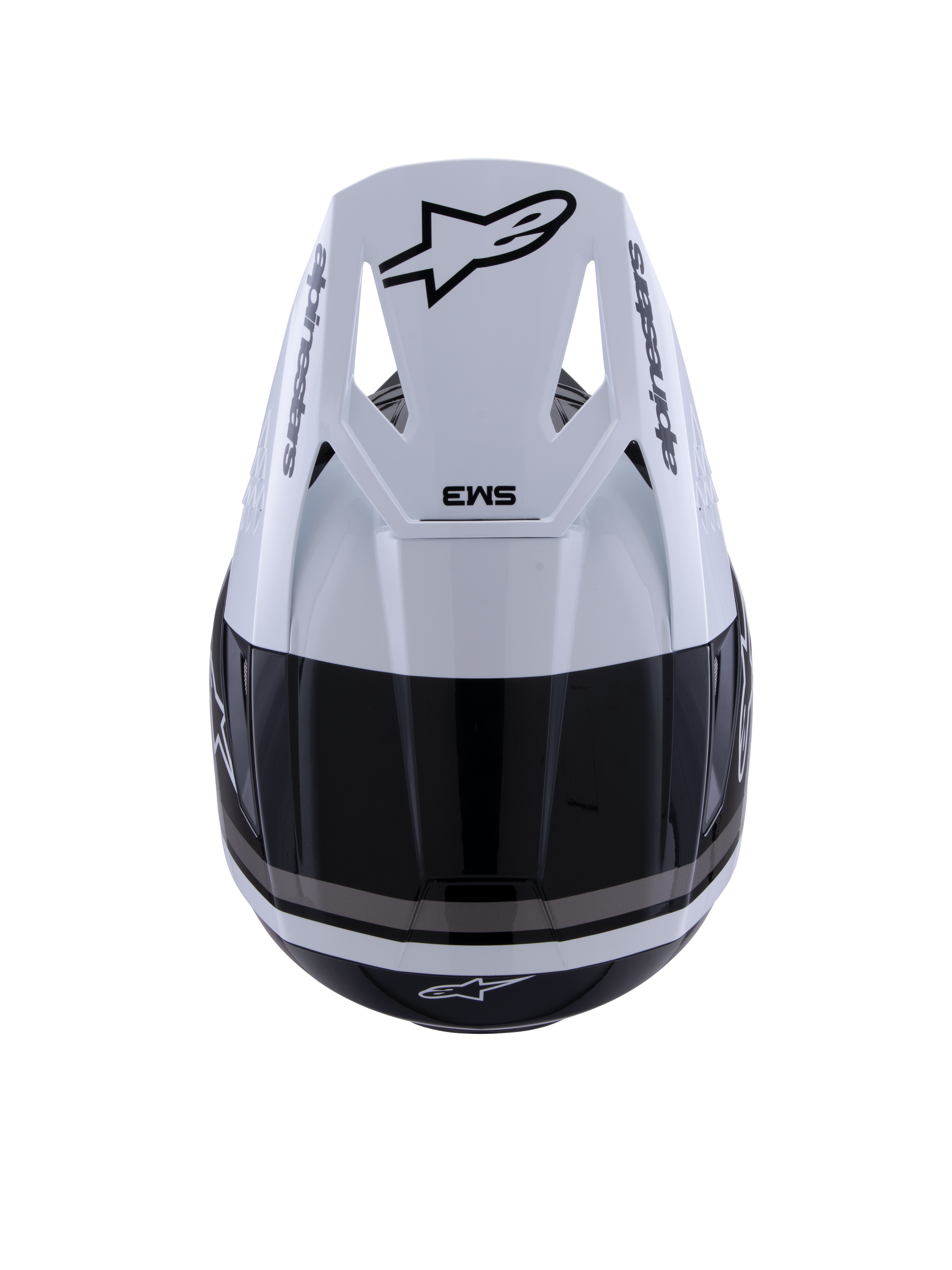 Capacete Alpinestars S-M3 Radium, capacete de motocross, preto, branco e cinzento brilhante, vista superior mostrando a viseira branca com o logótipo Astar preto e marca SM3, acabamento brilhante com aberturas de ventilação, proteção de cabeça de alta performance para todo-o-terreno
