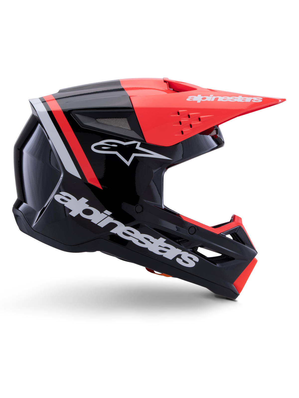Capacete Alpinestars S-M3 Radium, capacete de motocross, preto, vermelho fluo e branco brilhante, apresentando um design aerodinâmico com viseira angular, aberturas de ventilação e acabamento brilhante, proteção premium para desportos motorizados