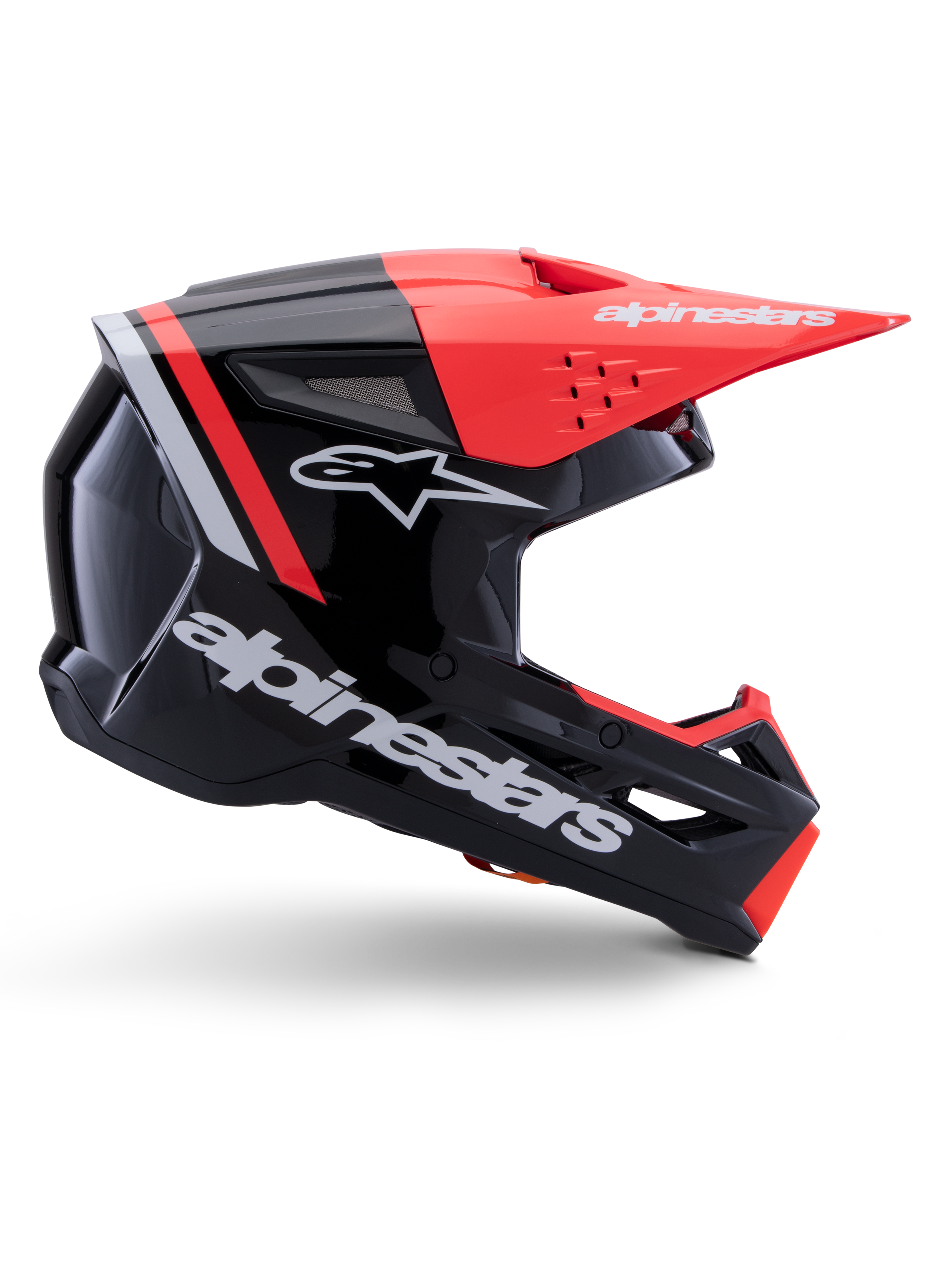 Capacete Alpinestars S-M3 Radium, capacete de motocross, preto, vermelho fluo e branco brilhante, apresentando um design aerodinâmico com viseira angular, aberturas de ventilação e acabamento brilhante, proteção premium para desportos motorizados