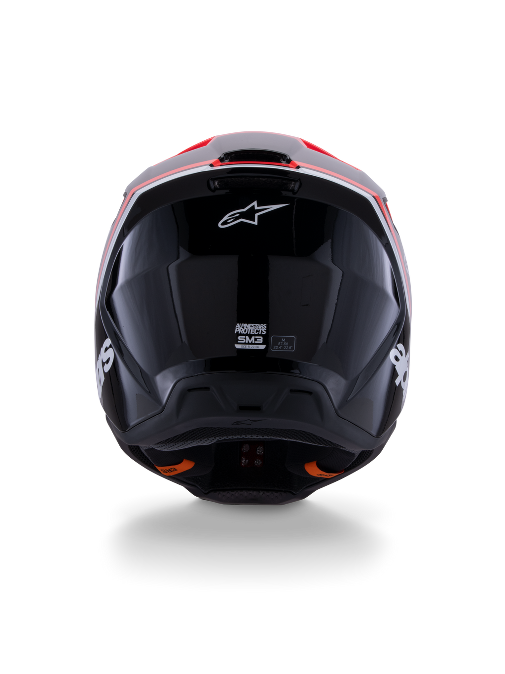 Alpinestars S-M3 Radium Helmet ECE 22.06, Motocross Helmet, Glossy Black with Red Fluo and White accents, rear view displaying the aerodynamic shell design, white star logo, and certification labels.