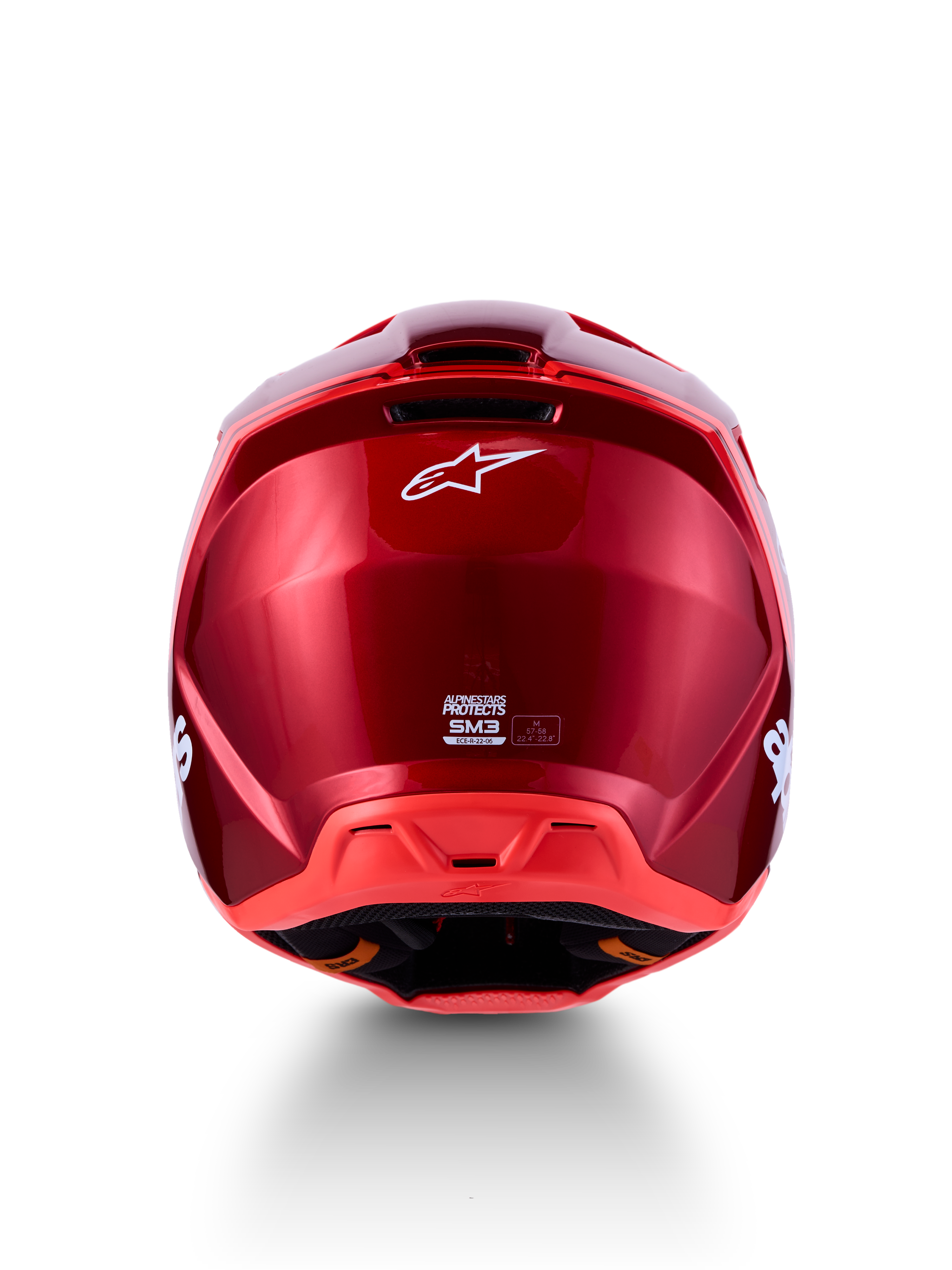 Capacete Alpinestars SM3 Radium ECE06, vista traseira em vermelho brilhante e fluo, com certificação ECE 22.06.