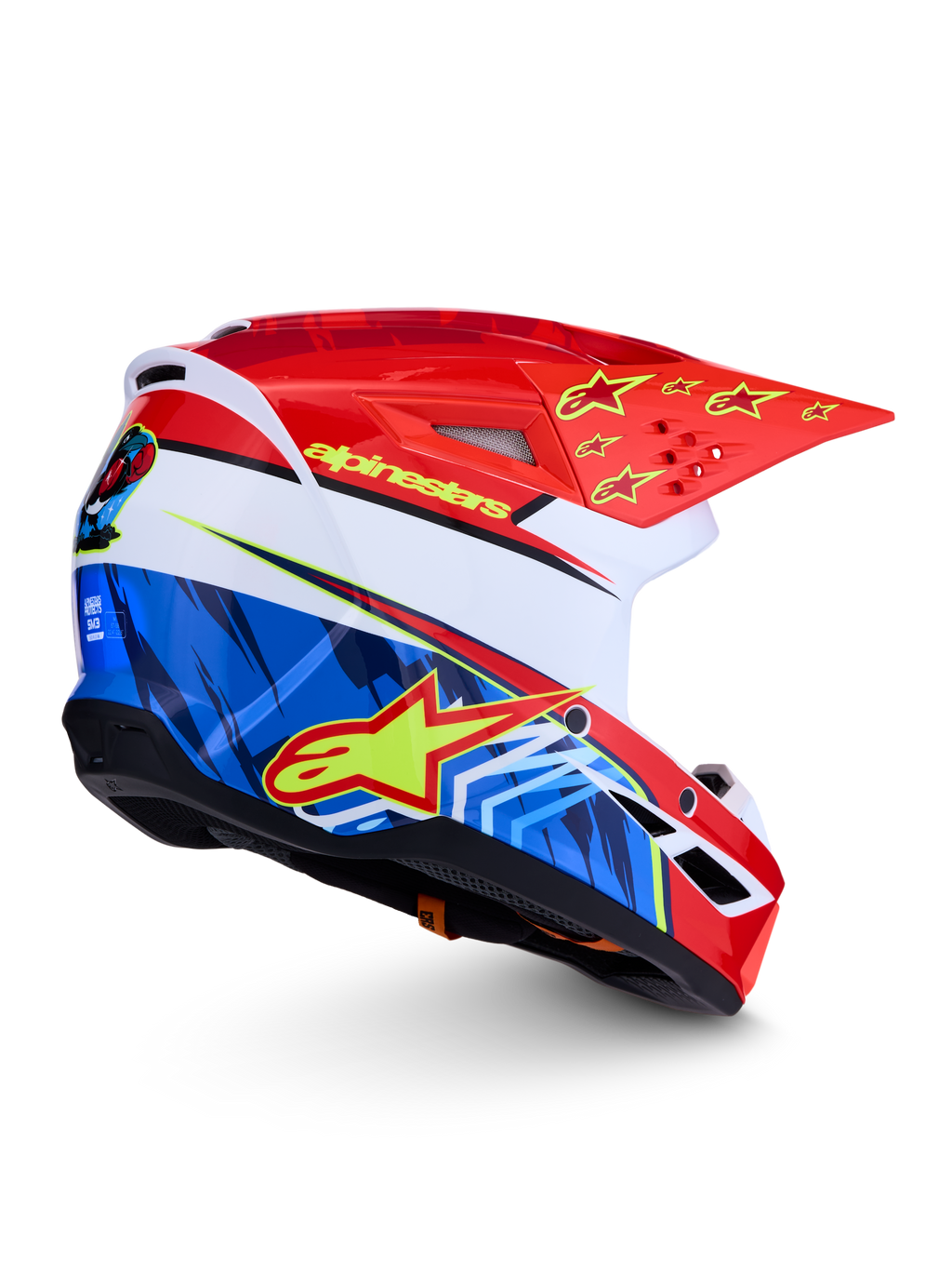 Alpinestars SM3 Falcon ECE06, capacete de motocross vermelho e azul com estrelas amarelas, certificação ECE 2206.
