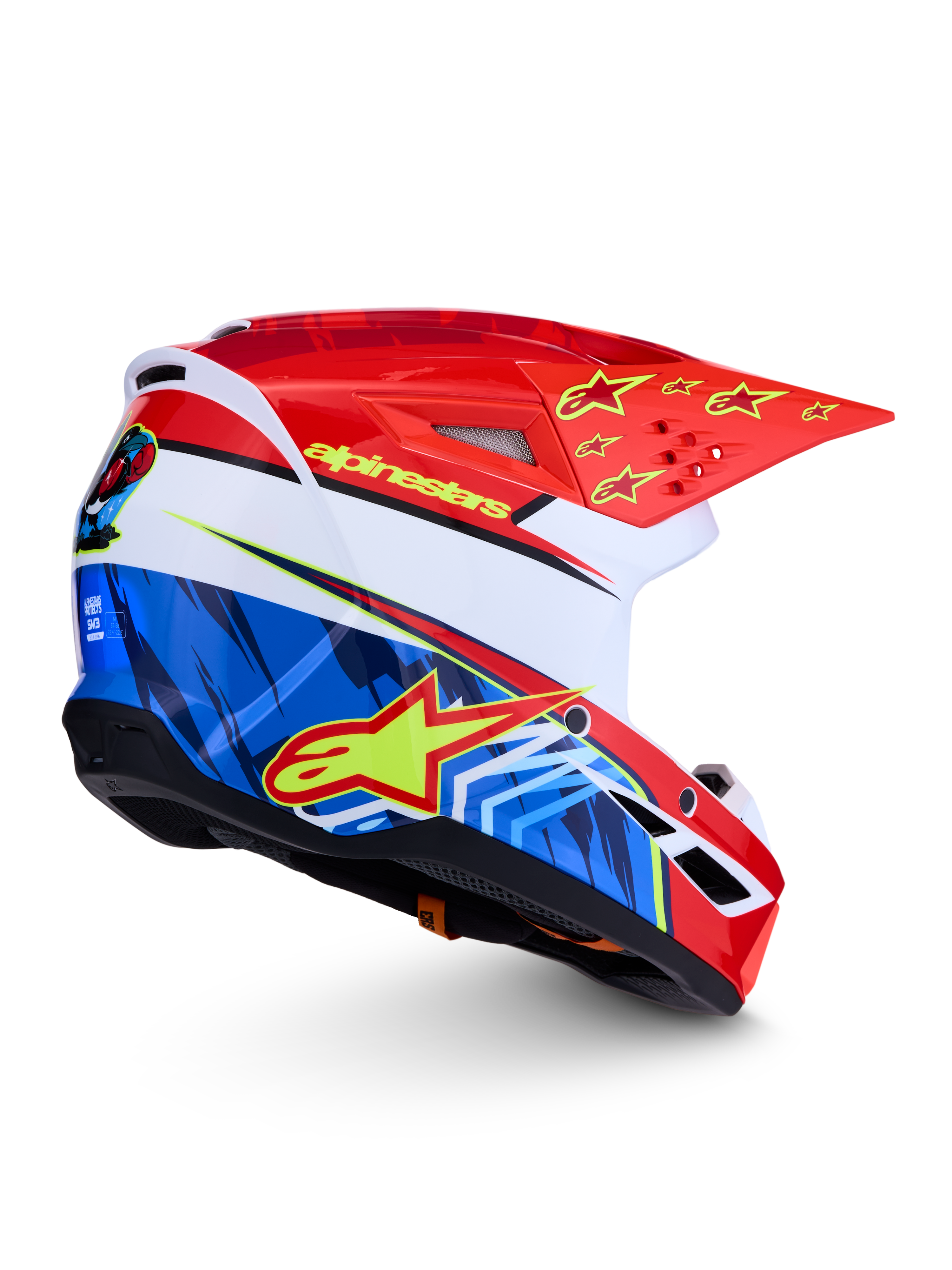 Alpinestars SM3 Falcon ECE06, capacete de motocross vermelho e azul com estrelas amarelas, certificação ECE 2206.