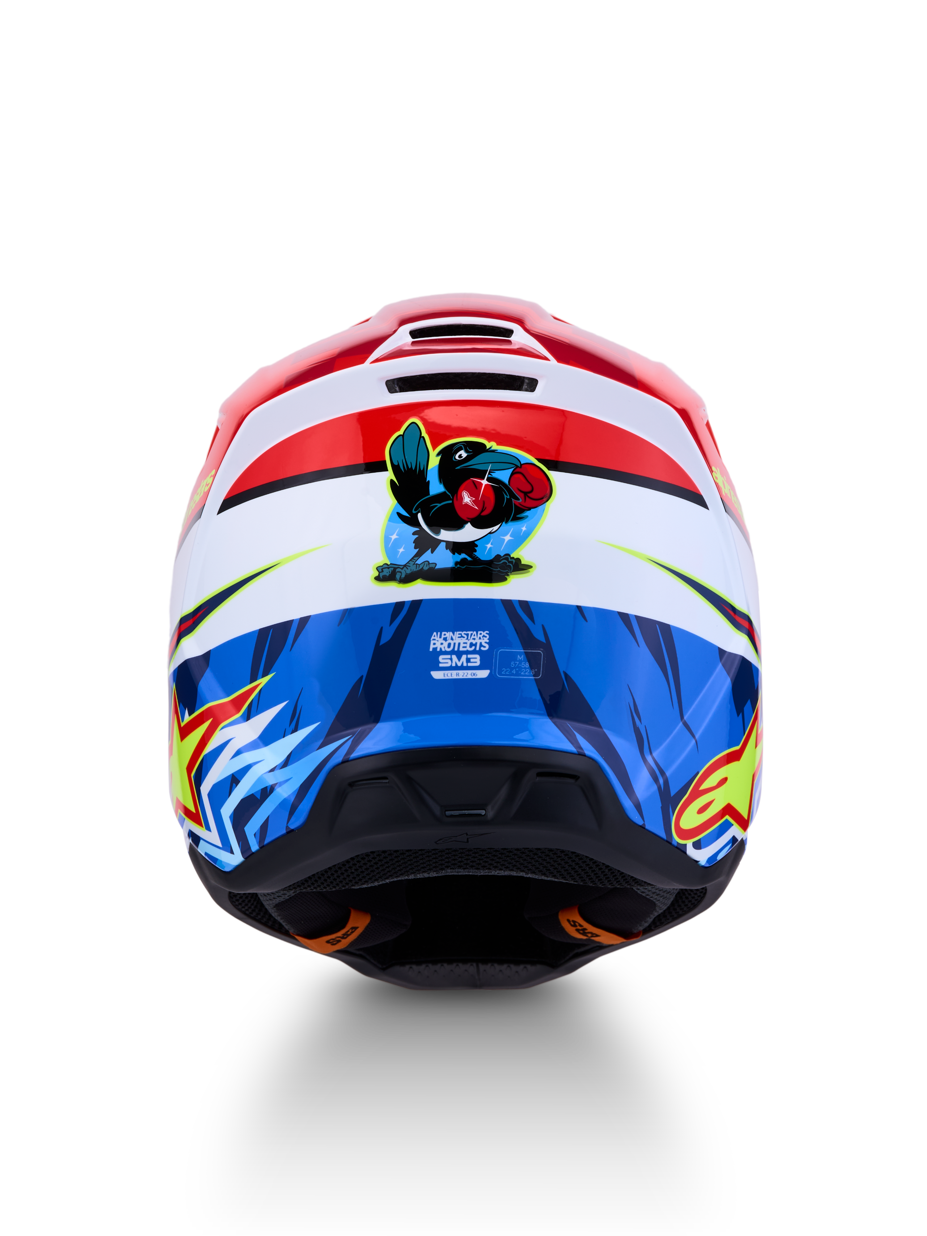 Alpinestars SM3 Falcon, capacete de motocross vermelho e azul, gráfico de falcão na parte traseira, certificado ECE 06