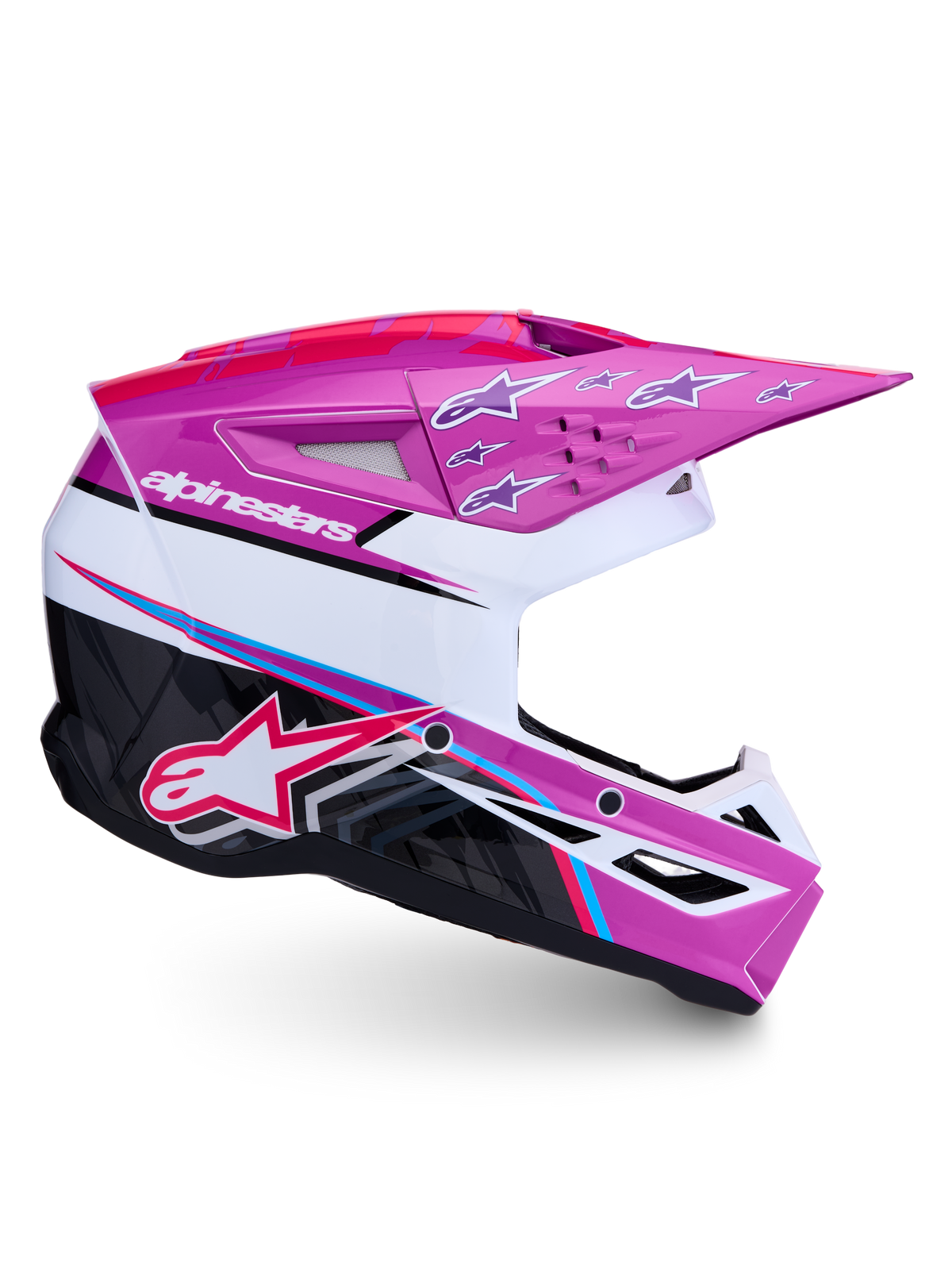 Alpinestars SM3 Falcon ECE06, capacete de motocross roxo e branco com pormenores rosa fluo, certificado ECE 2206