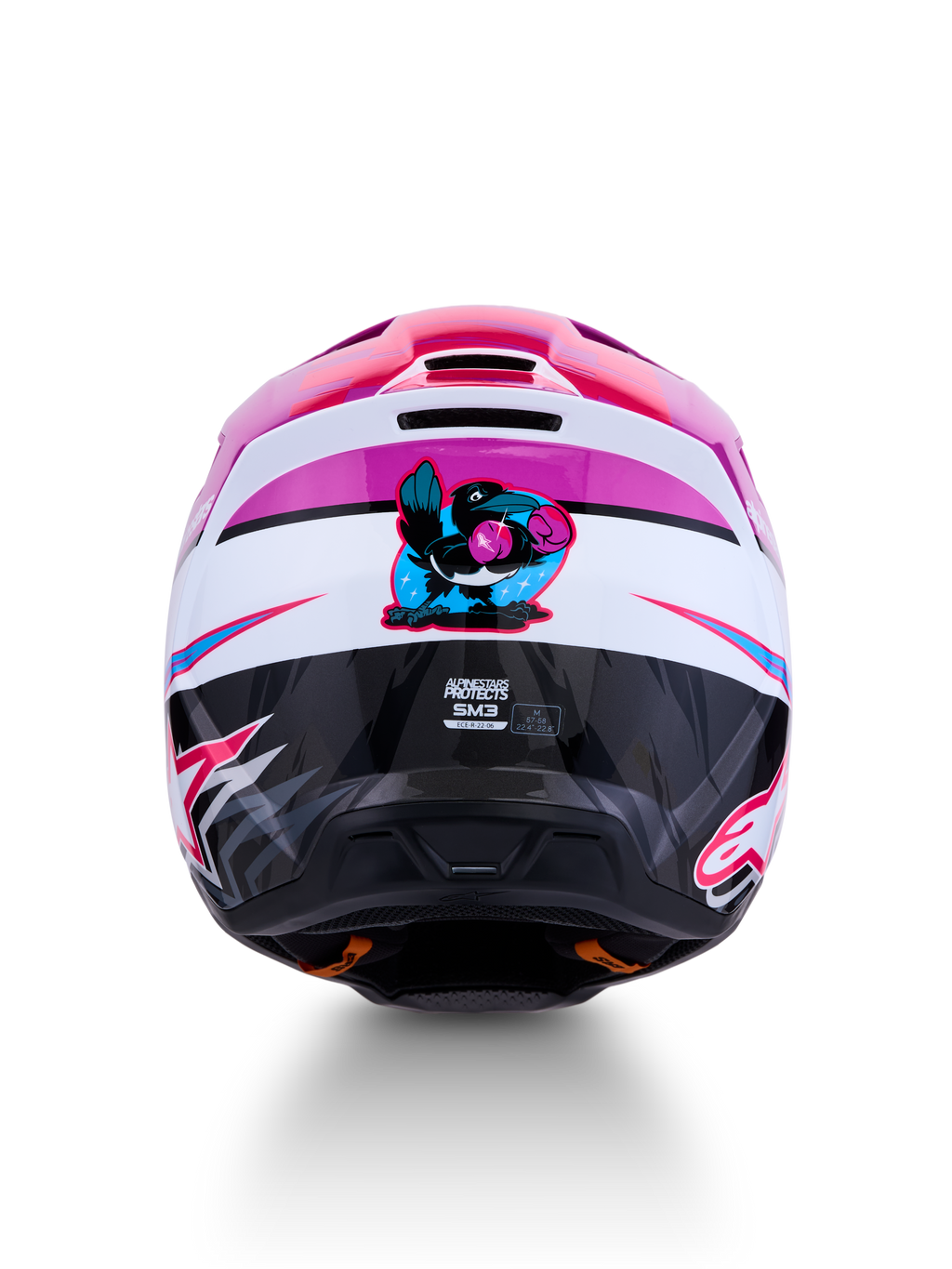Capacete Alpinestars SM3 Falcon ECE06, motocross, roxo e branco, vista traseira com gráfico de corvo com luvas de boxe.