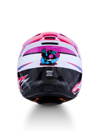 Capacete Alpinestars SM3 Falcon ECE06, motocross, roxo e branco, vista traseira com gráfico de corvo com luvas de boxe.