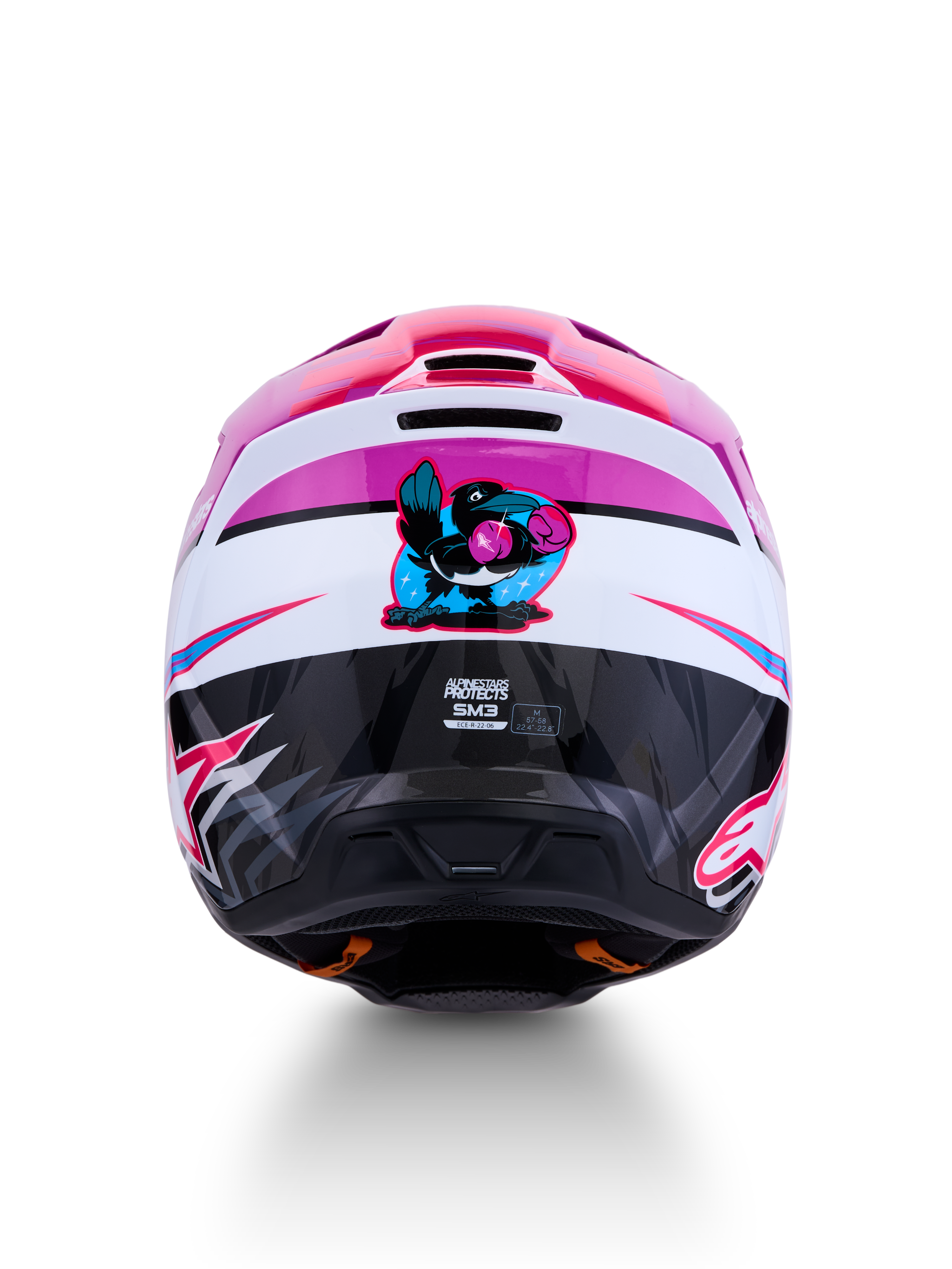 Capacete Alpinestars SM3 Falcon ECE06, motocross, roxo e branco, vista traseira com gráfico de corvo com luvas de boxe.