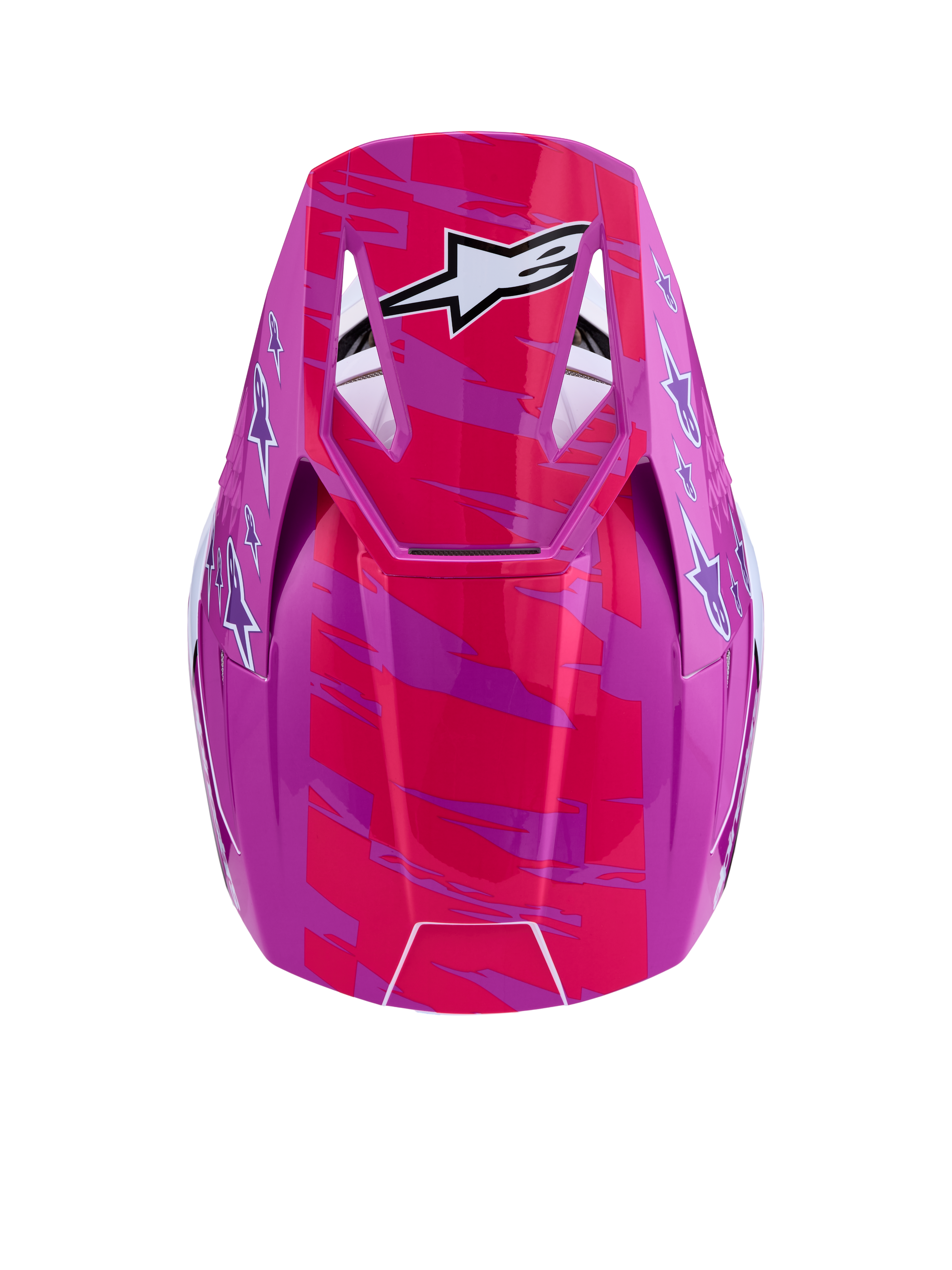 Capacete Alpinestars SM3 Falcon ECE06, motocross, rosa e roxo brilhante, grafismos brancos, vista superior do visor